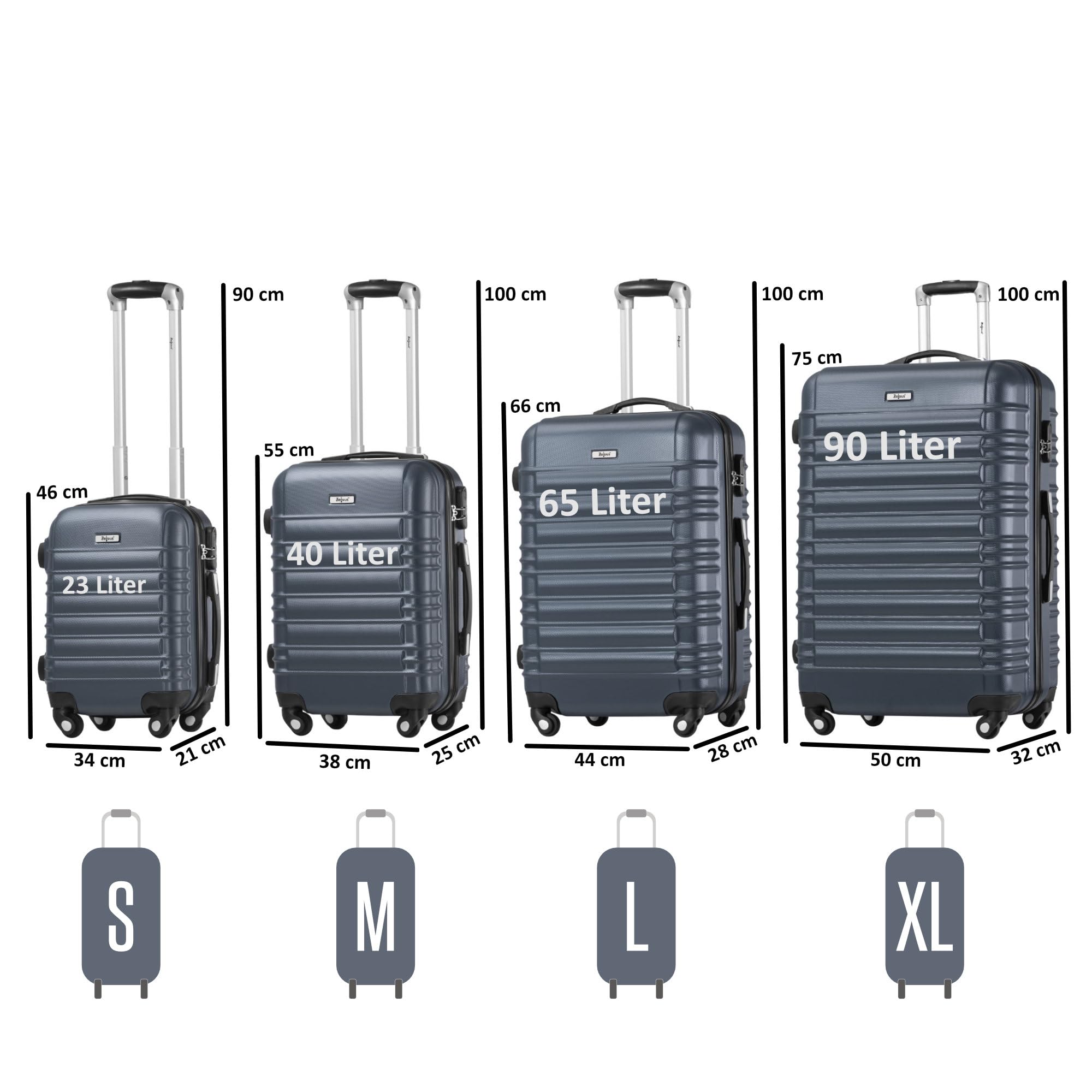 Zelsius Set di valigie 4 pezzi, antracite | Valigia rigida in ABS con chiusura a combinazione, 4 ruote e divisorio interno | Valigia a mano, set di valigie rigide 4 pezzi, trolley, valigia grande