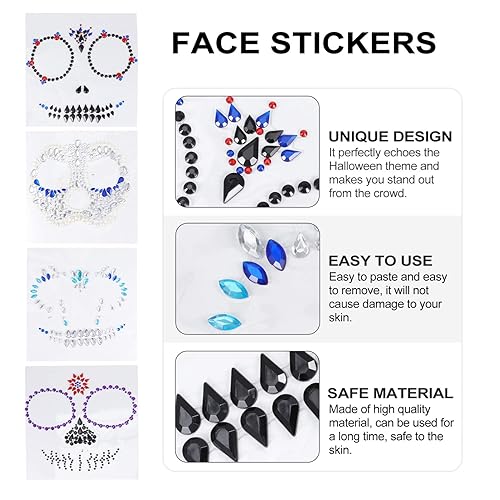 Miniatura 3 de Lurrose Día de los Muertos Calavera Gemas Joyas Tatuajes, 4 piezas de diamantes de imitación joyas de Halloween calcomanías de tatuaje para
