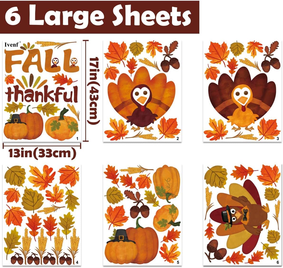 Ivenf Thanksgiving Decorations Window Clings Decor, Extra Large Autumn Fall Leaves Turkey Pumpkin Decor Indoor for Kids School Home Office Classroom Harvest Party Gifts, Double-Side Printed, 6 Sheets