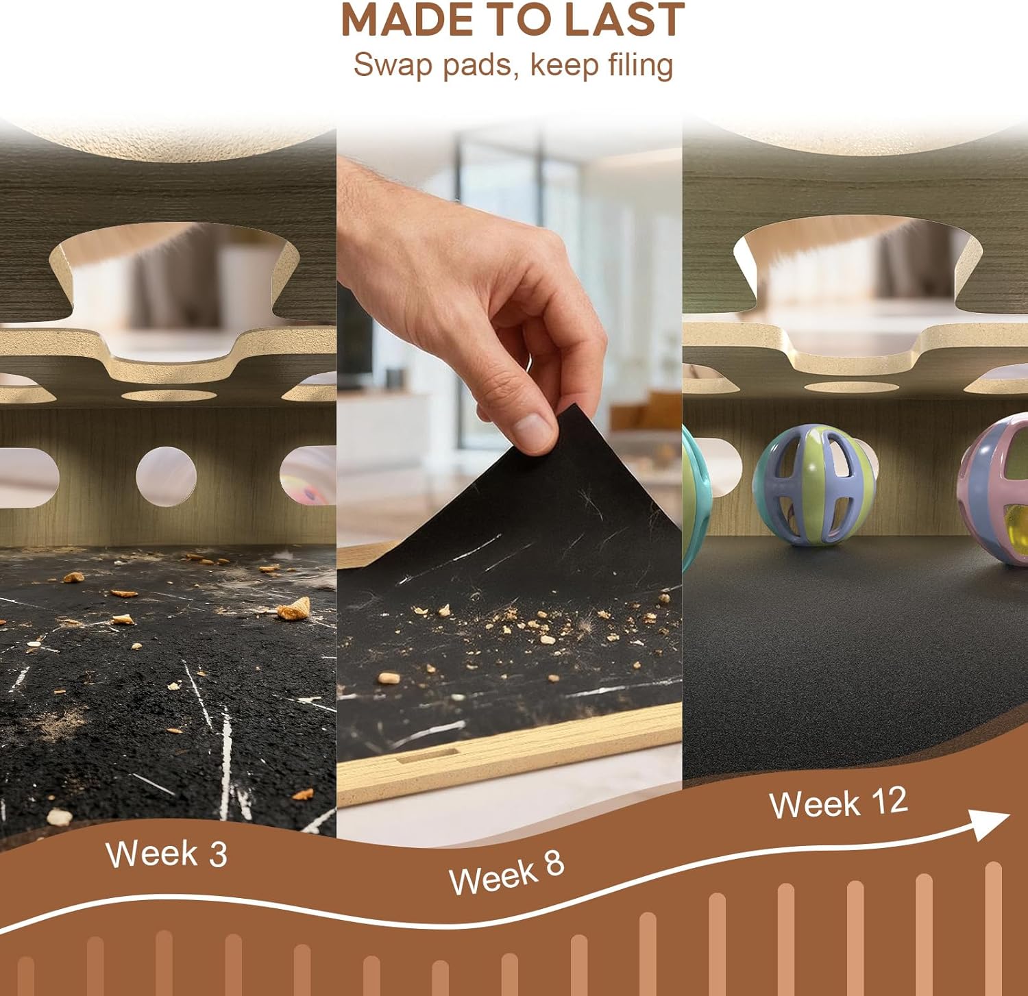 Cat Nail File Box with 5 Sandpaper Pads & 4 Bell Balls, Sturdy Wood Self-Grooming Scratcher for Treat-Motivated Cats, Interactive Cat Scratch Puzzle Enrichment Box with Silicone Security Rings