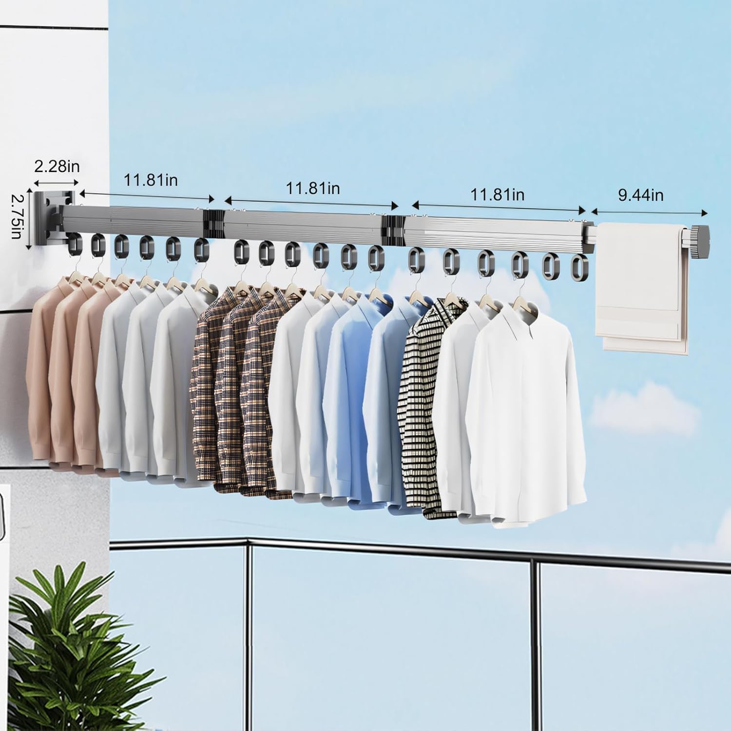NCONCO Wall Mounted Clothes Drying Rack with 18 Windproof Hooks Trifold Expandable Laundry Hanger Dryer Rack Foldable Hanging Organizer for Clothing for Balcony Bathroom