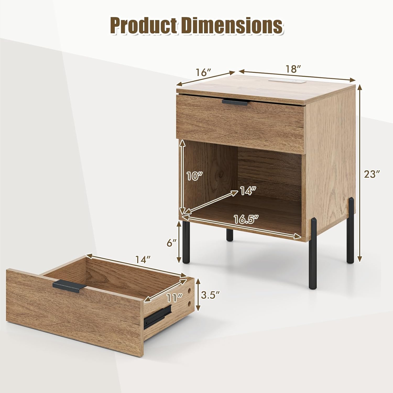 LOKO Nightstand with Charging Station, End Table Bedside Table with AC Outlet, 1 USB Port, 1 Type-C Port, Modern Side Table with Drawer, Elevated Metal Feet, for Bedroom, Small Space, Natural (1)