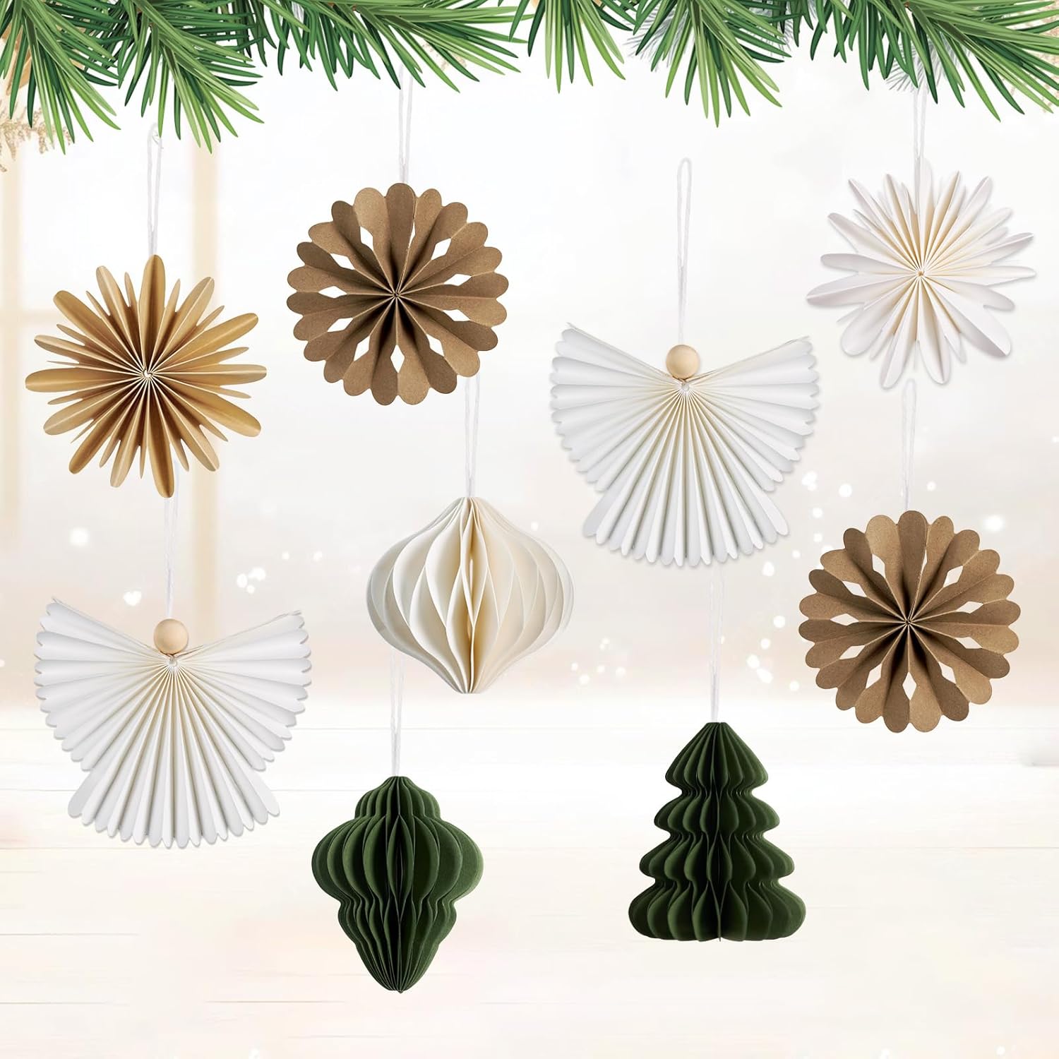 Christmas Hanging Decorations, 12 PCS Paper Lanterns, Honeycomb Christmas Trees, Hanging Paper Fans, Red Green Gold White Holiday Party Supplies for Home Xmas Holiday Party