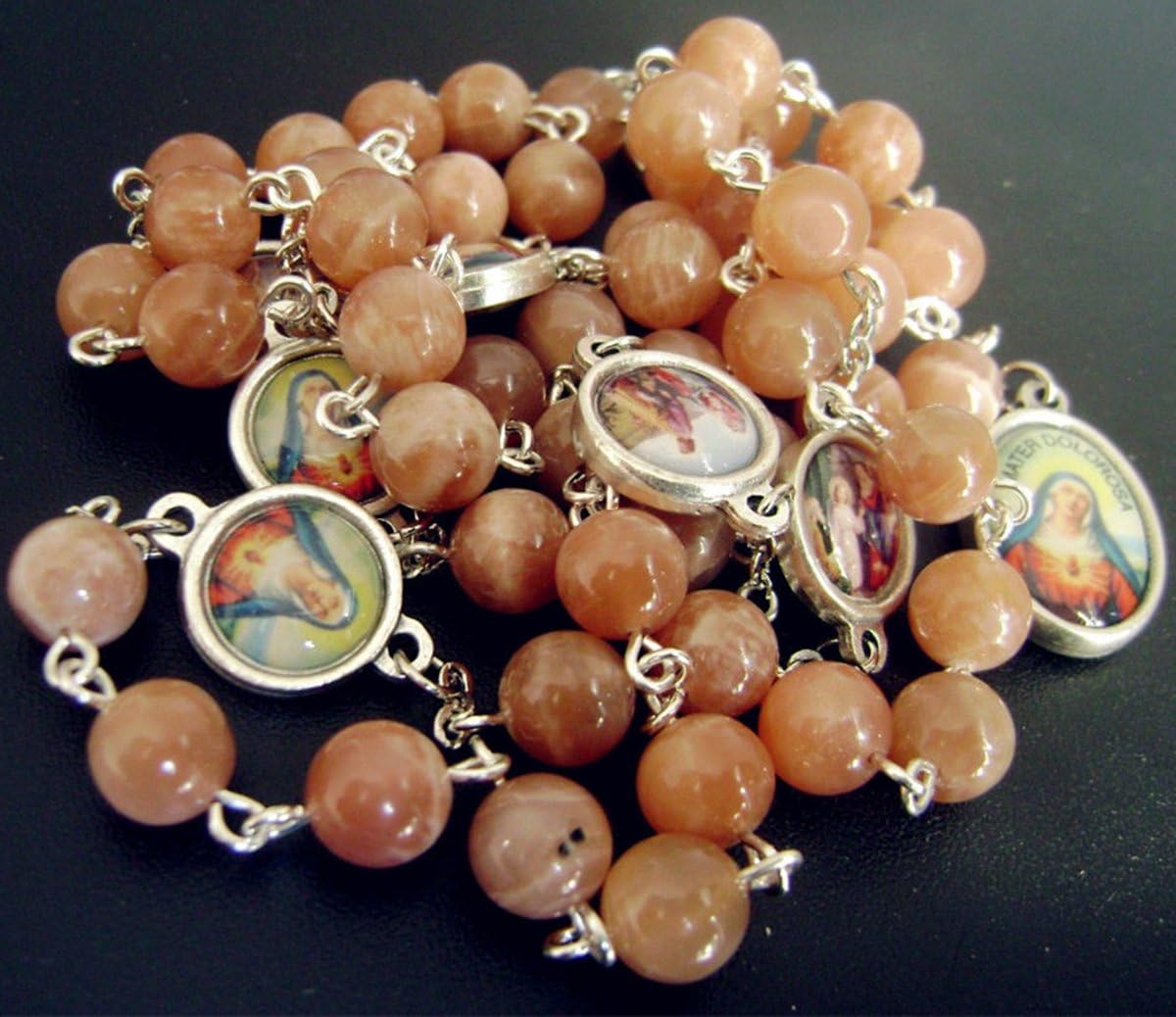 elegantmedical HANDMADE Nice Orange Moonstone Beads Seven 7 Sorrows Of Mary Rosary Necklace Gift BOX Womens GIFTS