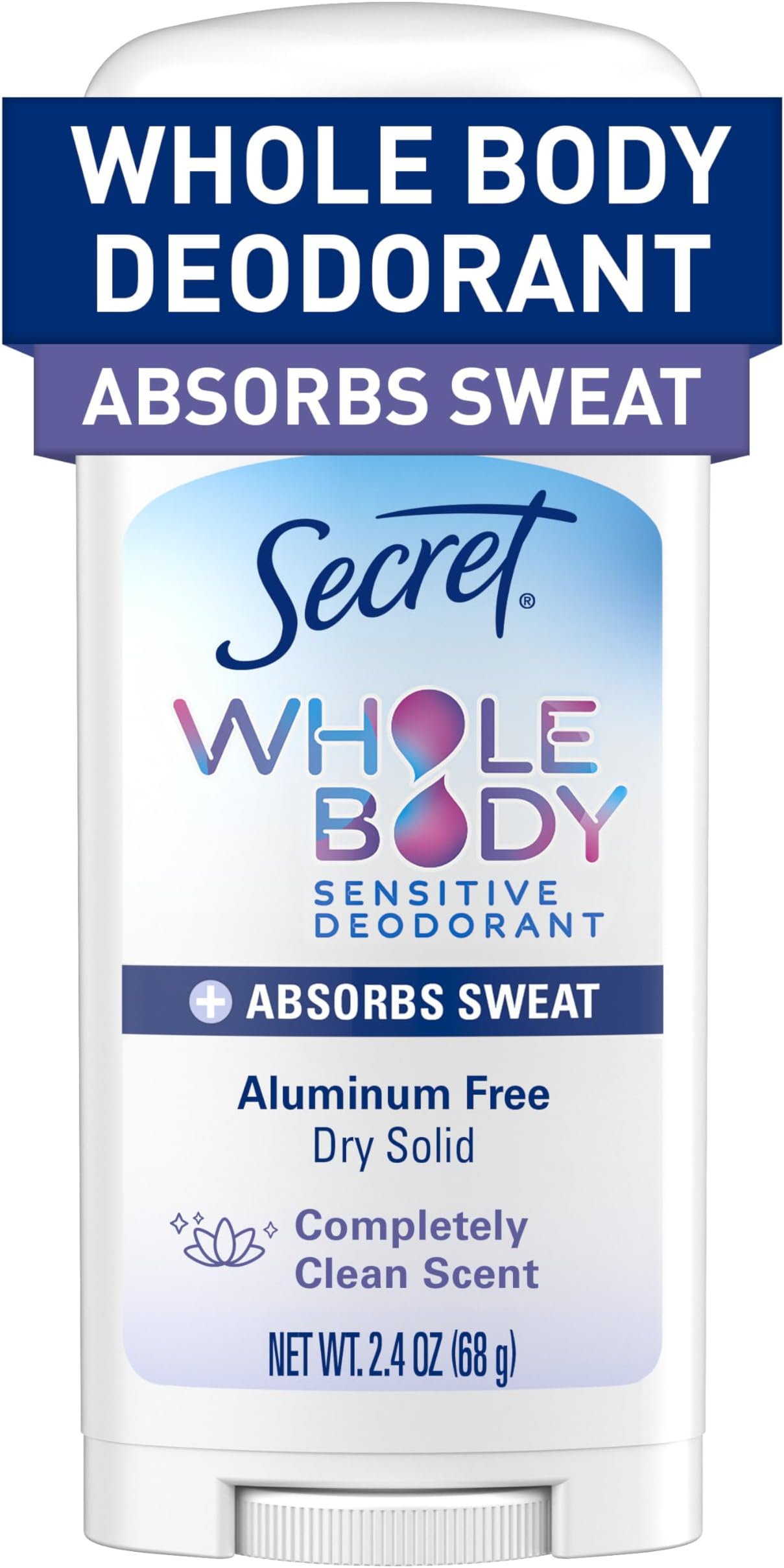 Secret Whole Body Deodorant Dry Feel Stick + Absorbs Sweat for Women, Naturally Derived Ingredients, Completely Clean Scent, Aluminum Free Deodorant Stick, 72 HR Odor Protection, 2.4 oz