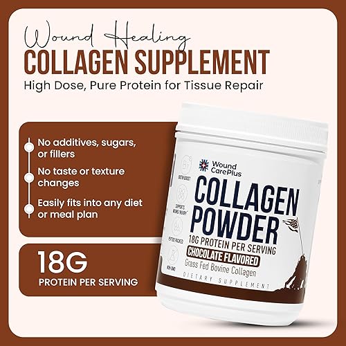 Miniatura 6 de Wound Care Plus - Péptidos de colágeno en polvo de chocolate - Colágeno hidrolizado alimentado con pasto con 0.63 oz de proteína - Apoya la salud de