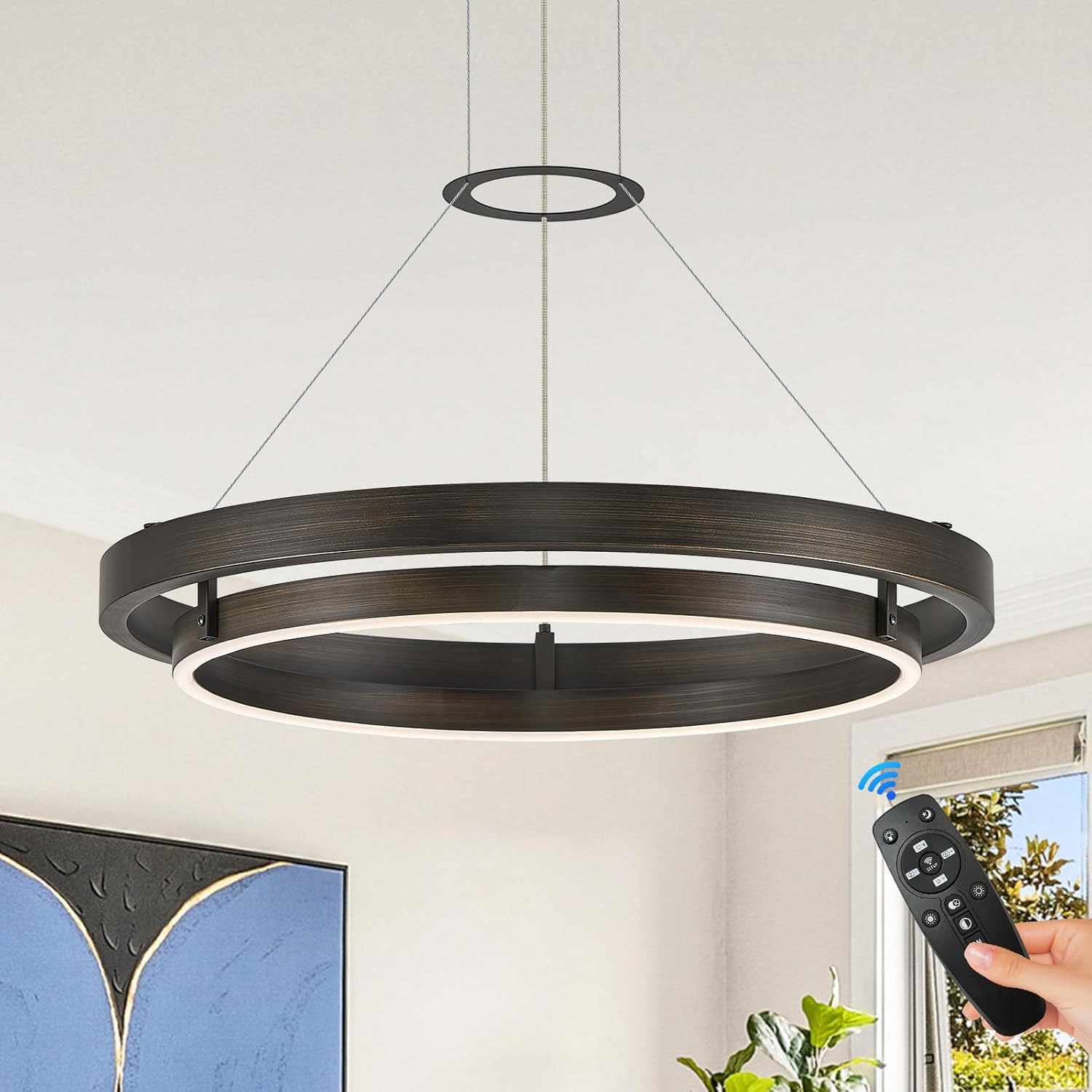 Benkut Modern LED Chandelier Vintage Black Brown Dimmable Circular LED Pendant Light with Remote Ring Chandelier Dining Room Light Fixtures for Kitchen Island Living Room Entryway, D23.6