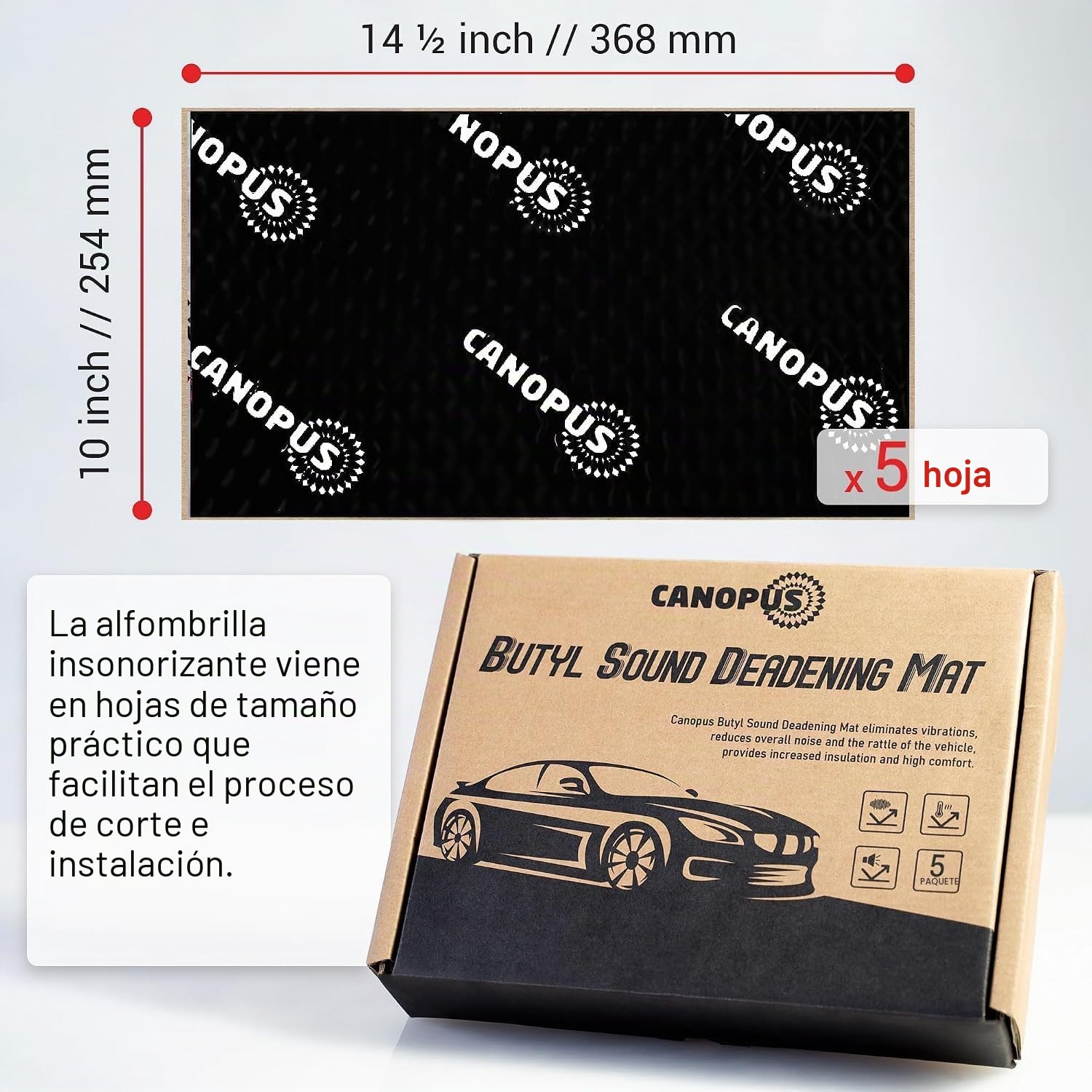 CANOPUS 2mm de Grosor 0,47m², 5 Hojas, Aislante Acustico Coche de Butilo, Insonorizacion Coche, Placas insonorizantes, stera de amortiguamiento de sonido de coche, insonorizacion coche