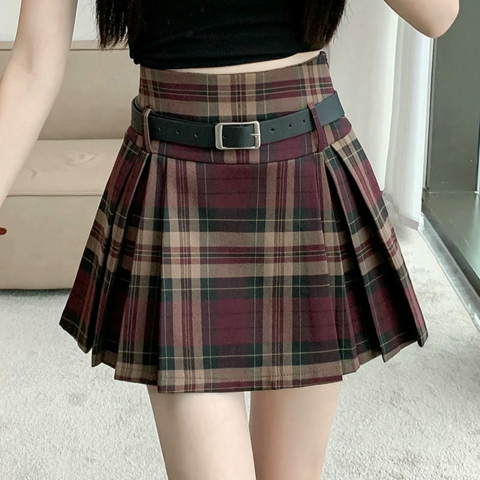 Gonna Lunga Scozzese con Cintura A Vita Alta Pieghe, Minigonna da Tennis per Donna, Stile Preppy, Abito Vintage Accademico-Verde-XL