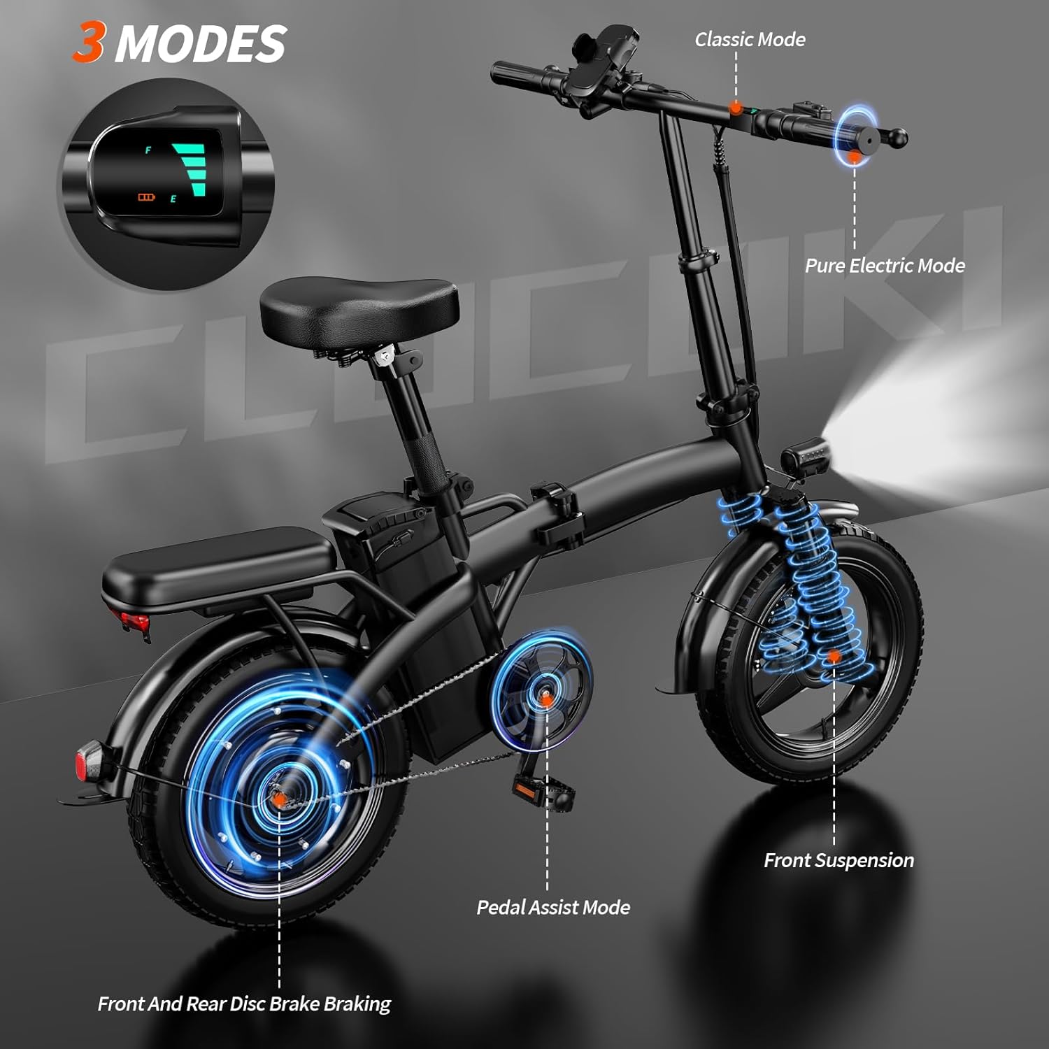 Electric bike showing three riding modes, front suspension, and disc brakes