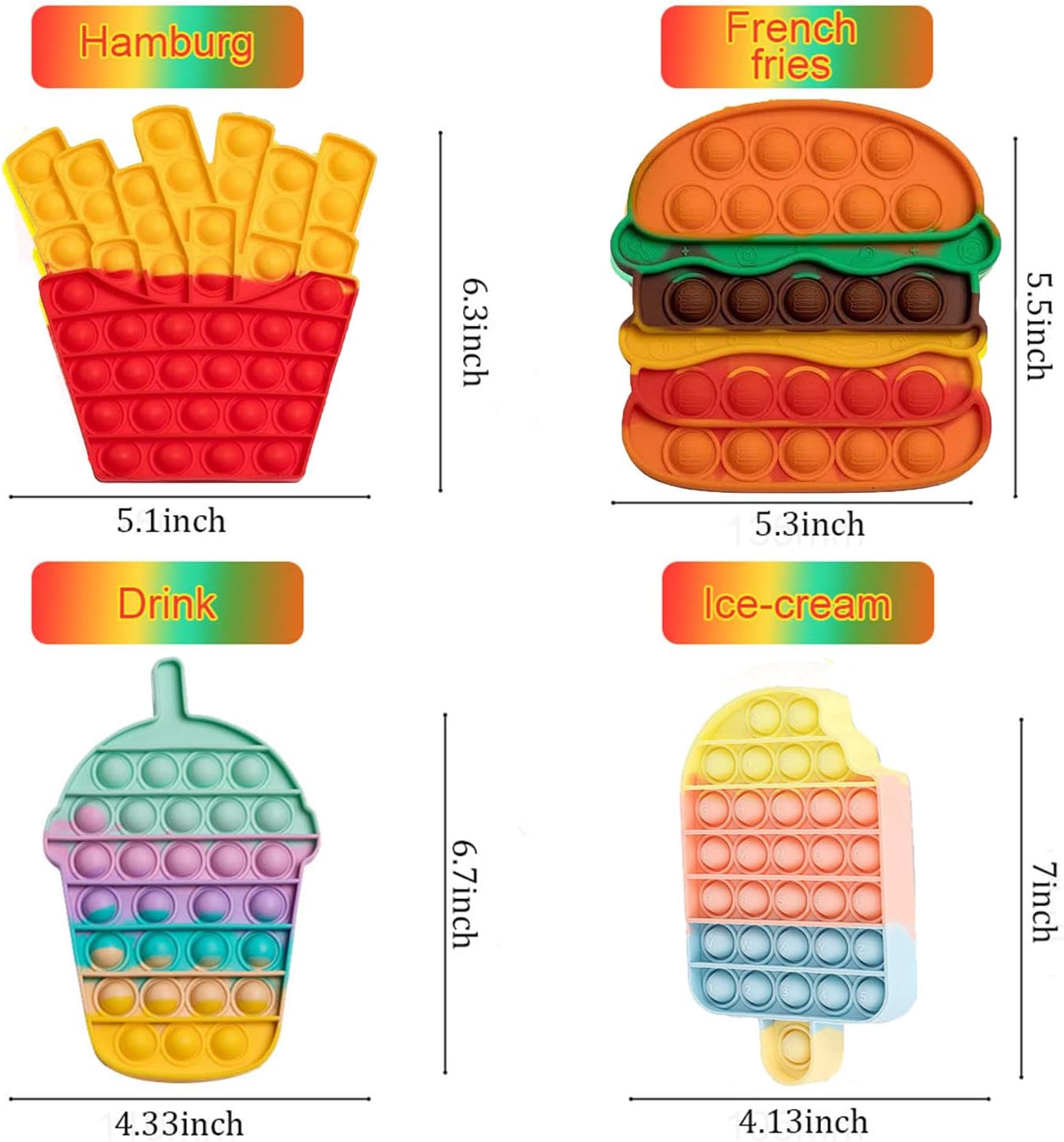 Fidget Pack Pop Sensory Toys Push Bubble Autism Special Needs Stress Relief Silicone Pressure Relieving Squeeze It for Girls Boys Kids Teens Adults(Hamburger French Fries Ice Cream Popsicle Food)