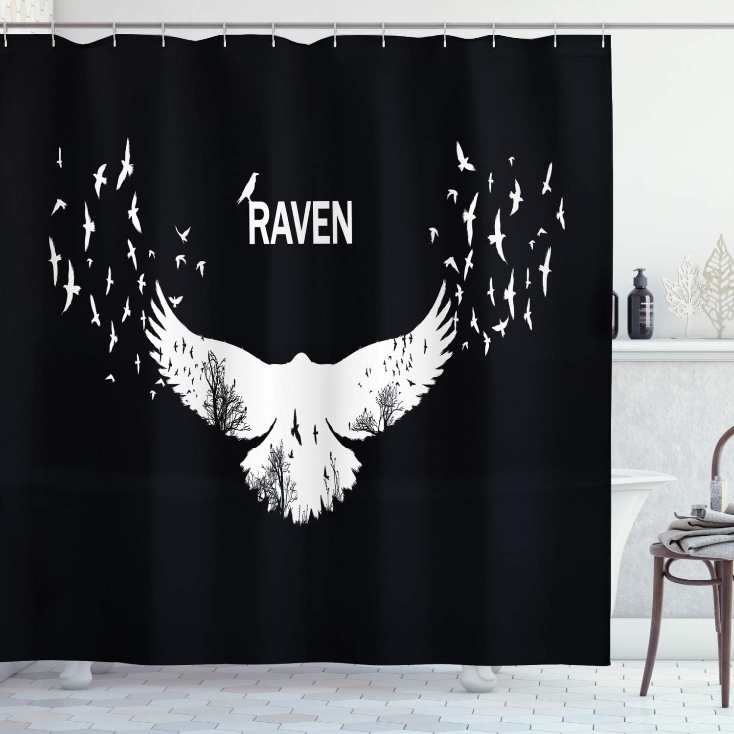 Printawe Raven Shower Curtain, Illustration of a White