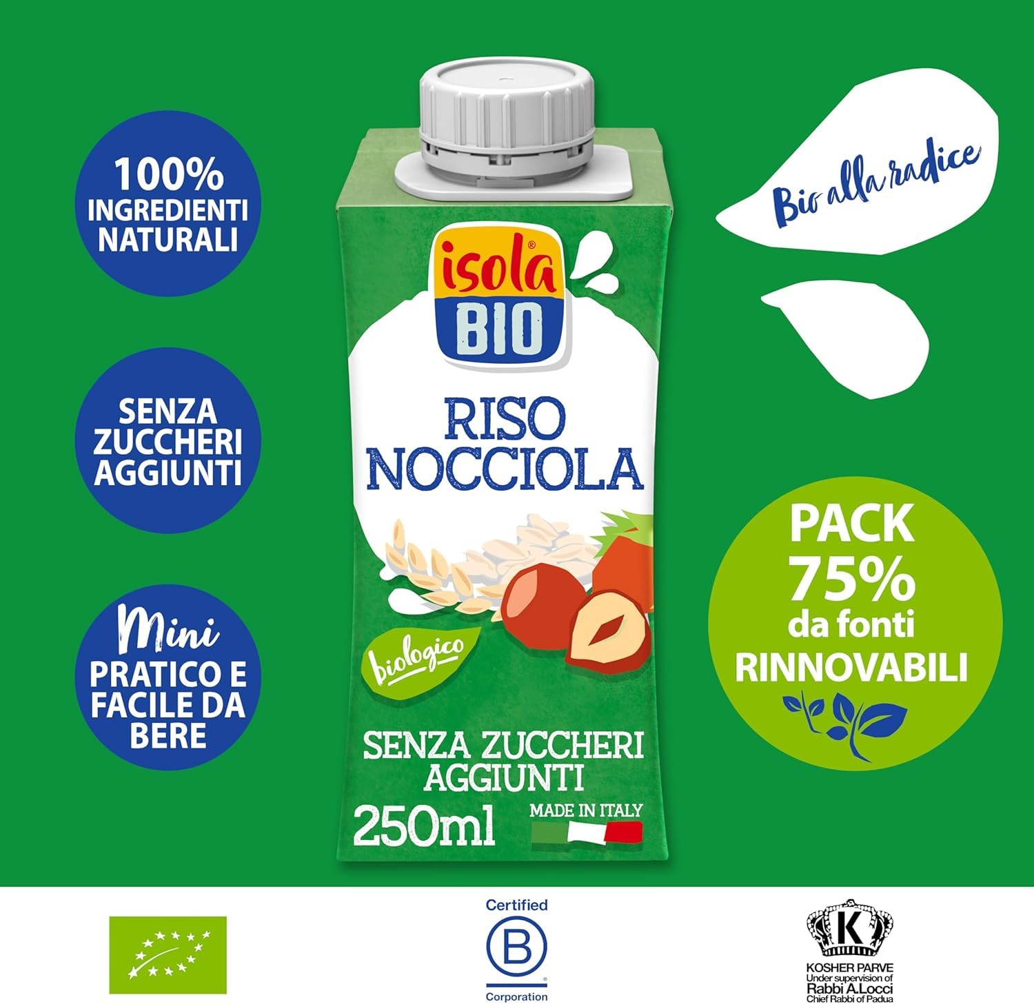 ISOLA BIO Riso Nocciola Mini, Bevanda Biologica a Base di Riso e Nocciole, 100% Ingredienti Naturali, Senza Glutine, a Basso Contenuto di Grassi, per Vegetariani e Vegani, 24 Confezioni da 250 ml