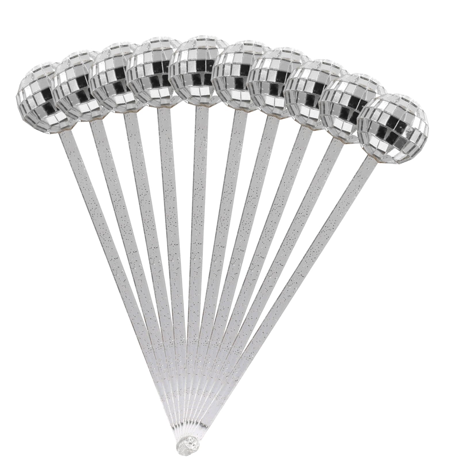 Set di 10 mescolatori per bevande, palline da discoteca, cocktail, bastoncini glitterati, per feste di addio al nubilato, matrimoni, bar (argento)