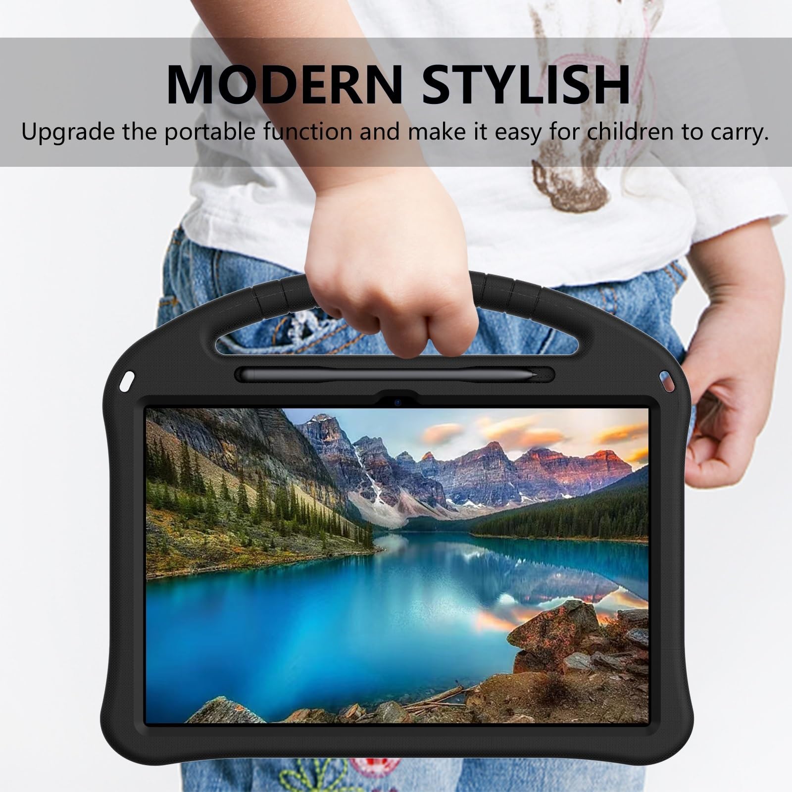 Compatible avec Lenovo Tab K12 12.1 (2025)/Idea Tab Plus TB361FU/TB361ZU 12.1 - Housse légère en EVA - Protection antichoc pour tablette avec support, bandoulière et poignée - Noir