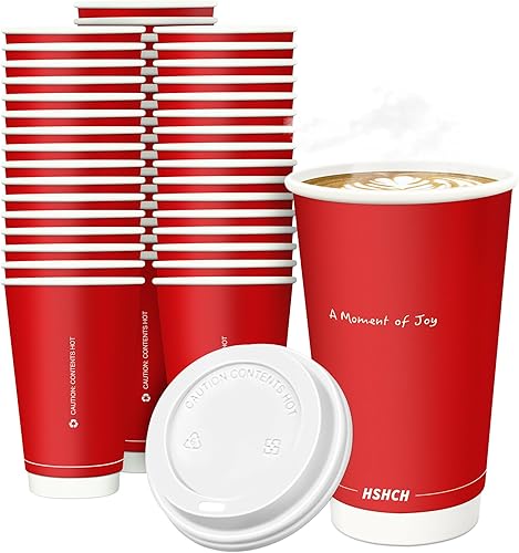 Miniatura 1 de Tazas de café desechables con tapas de 16 onzas (paquete de 100), taza de café roja con aislamiento de doble pared para bebidas frías calientes, té,