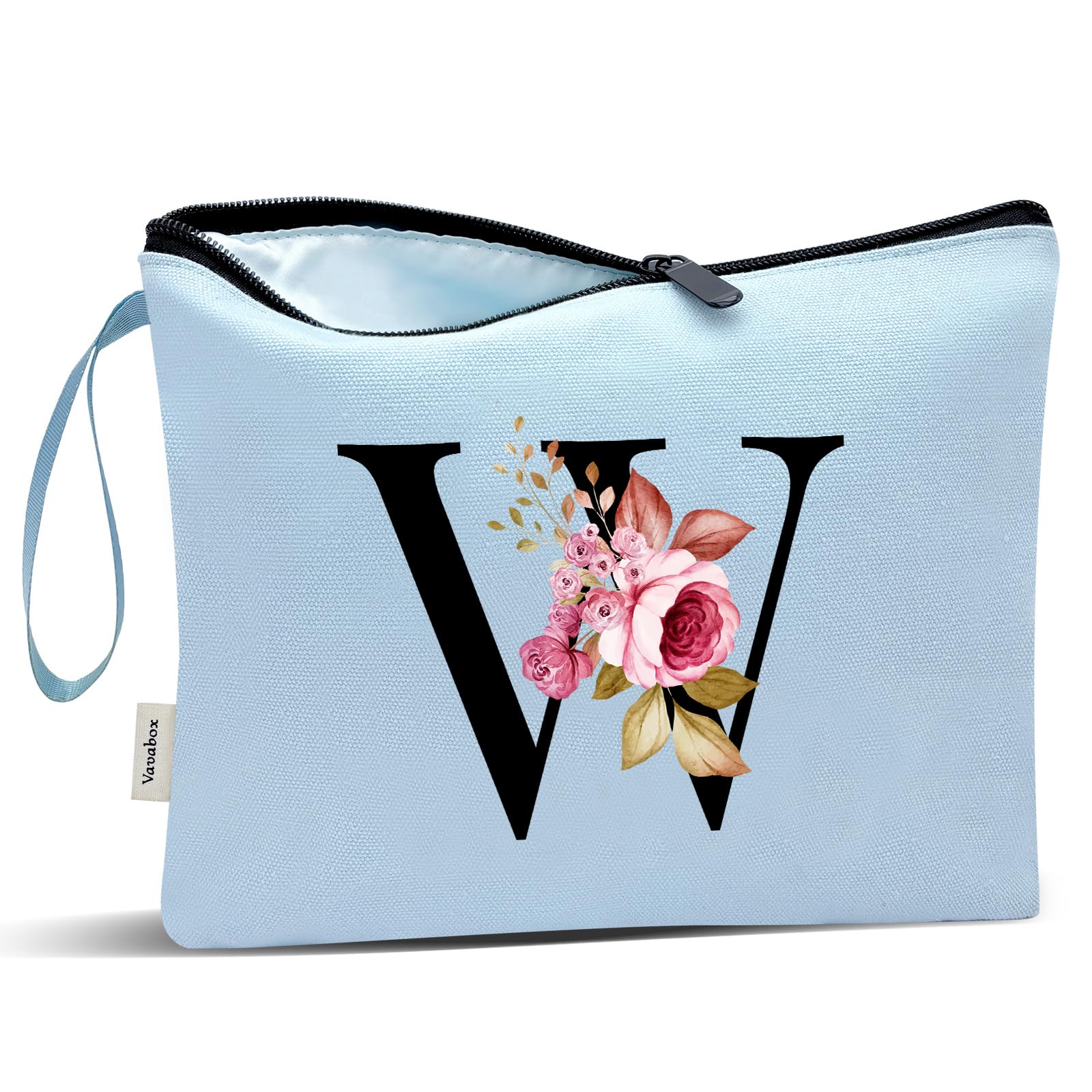 Vavabox A-Z Personalized Makeup Bag, Birthday Gifts for Women Mom, Gifts for Best Friend, Bride Bridesmaid Cosmetic bag (W, Blue)