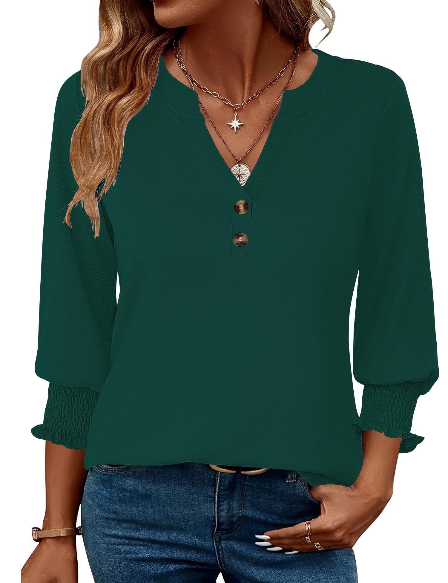 Enqoole Bluse Damen V Ausschnitt 3/4 Arm Shirt Business Casual Oberteil | Langarmshirt,Elegant Sommer Tunika,Locker Tshirt mit Knöpfen,Mode 2026