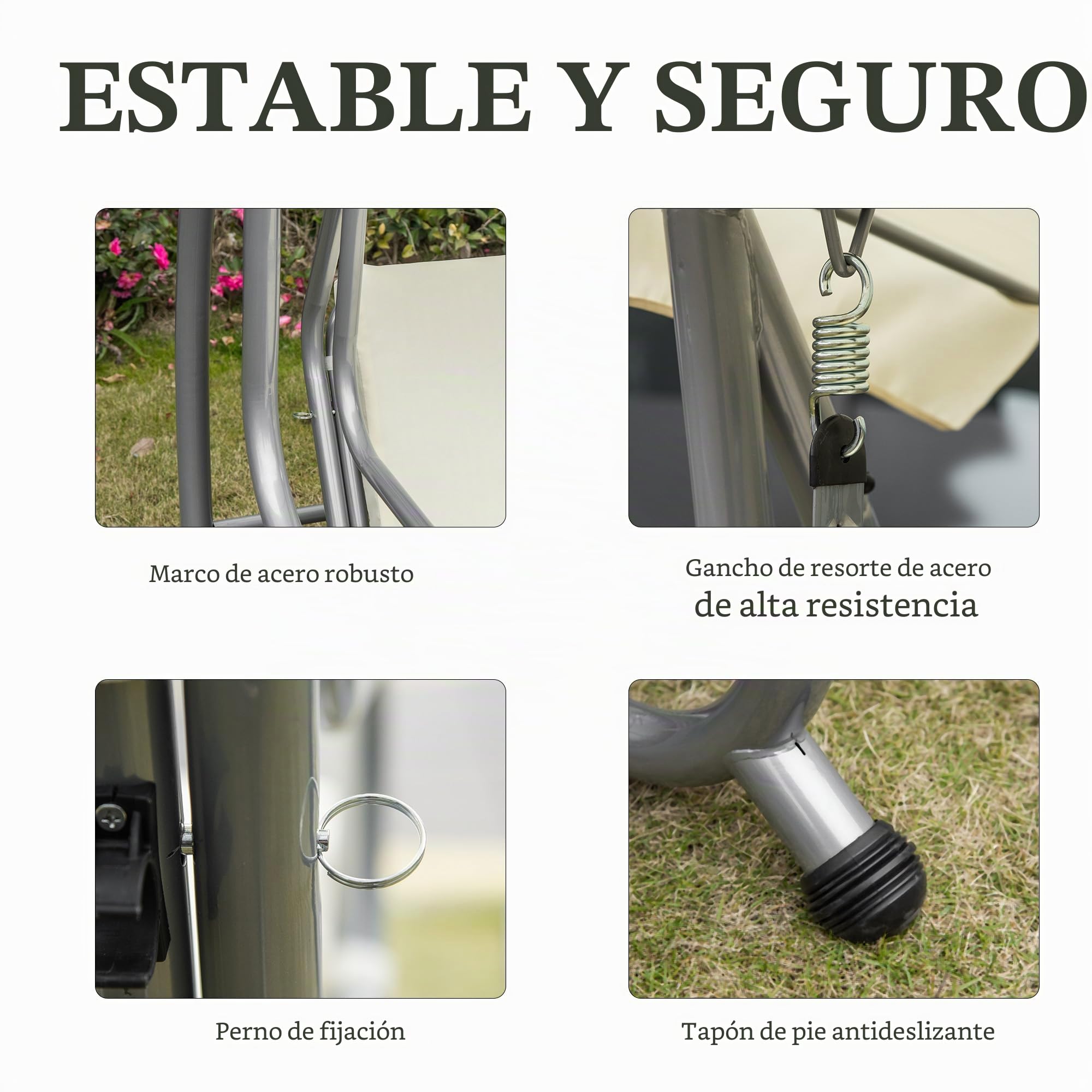 Outsunny - Balancín de jardín (3 plazas, convertible, techo inclinado, ajustable, 2 estantes, soporte 2 x 1,2 x 1,64 m, acero negro, poliéster), color beige