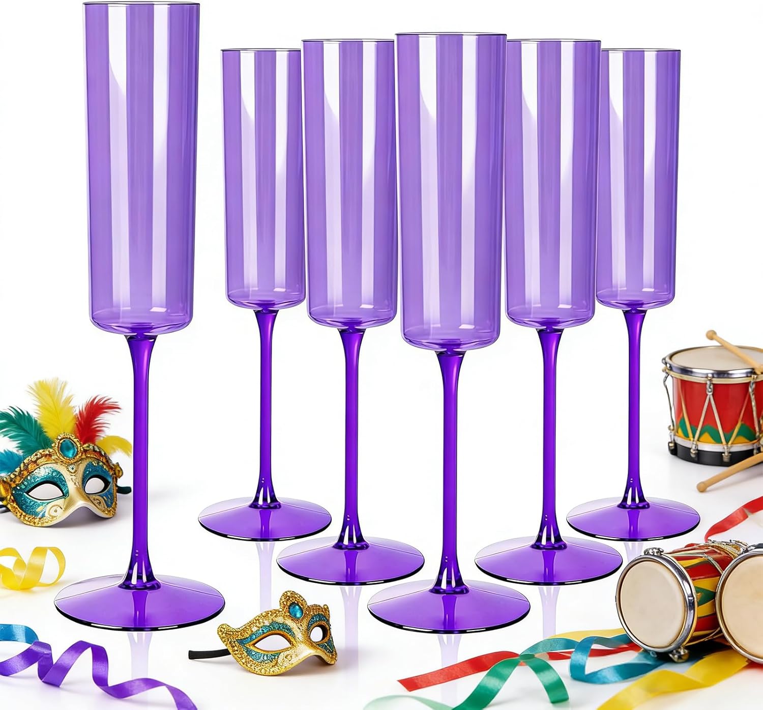 YOUBET 24 Pack Purple Plastic Champagne Flutes -6 Oz Clear Purple Champagne Glasses - Square Plastic Toasting Glasses for Birthday Anniversary Wedding & Mardi Gras Party