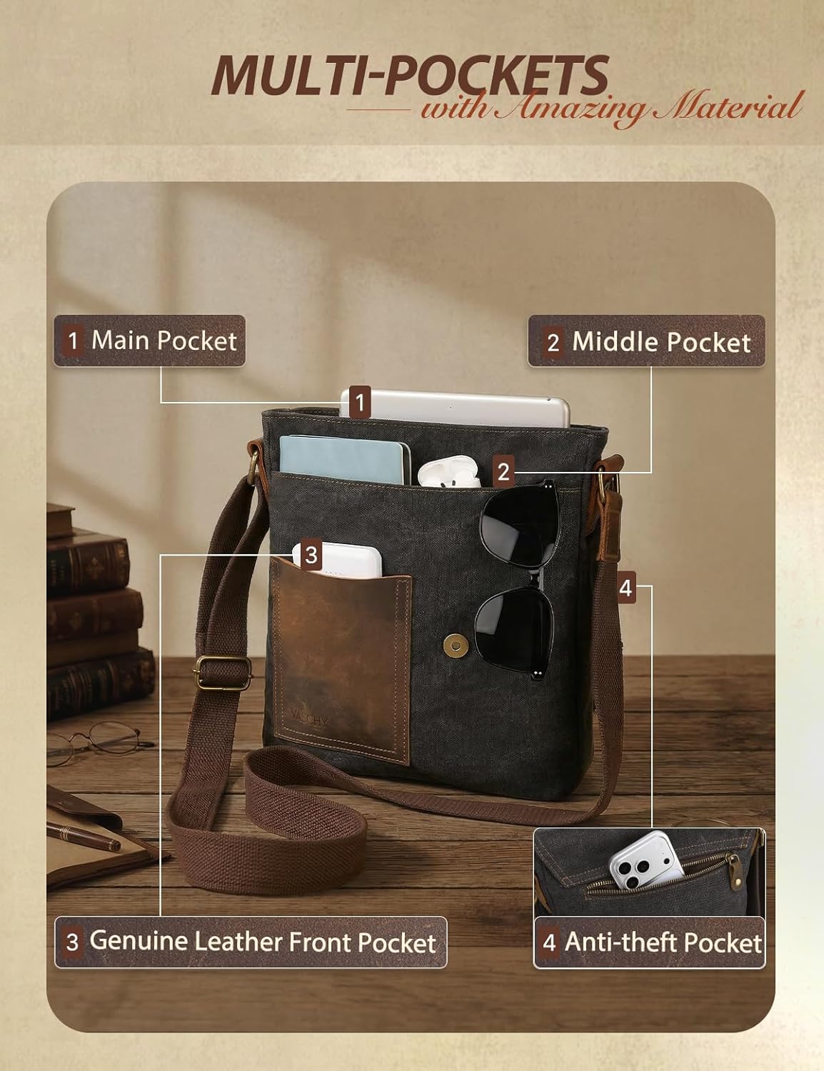 VASCHY Small Messenger Bag, Vintage Canvas Leather Lightweight Crossbody Bag