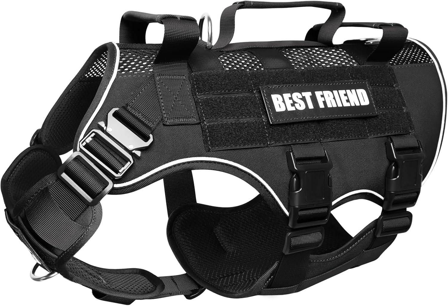 No Pull Tactical Dog Harness for Large Dogs with Metal Buckles,Breathable Air Mesh Service Dog Vest,Military Molle Harness with 3 Durable Handles for Training Hiking Hunting Working Black L