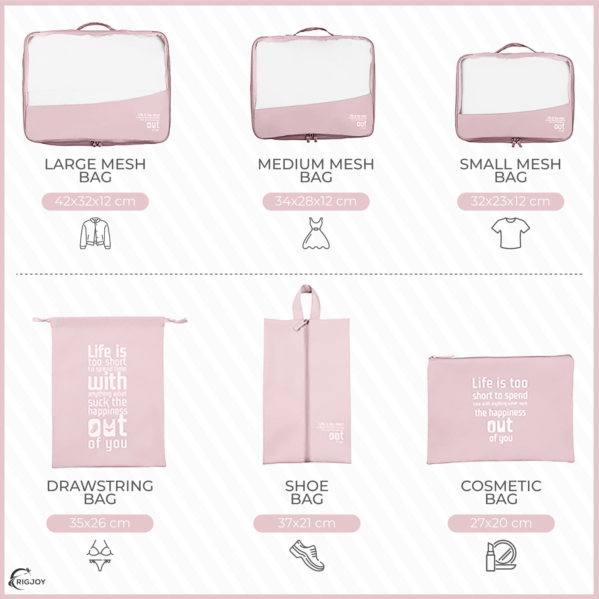 RIGJOY 6 Pcs Packing Cubes for Travel, Travel Organizer Pouches for Luggage, Suitcase with Cosmetics, Toiletry, Underwear and Shoe Bag, Packing Bags for Travel (Set of 6) - Pink - Image 3 thumbnail