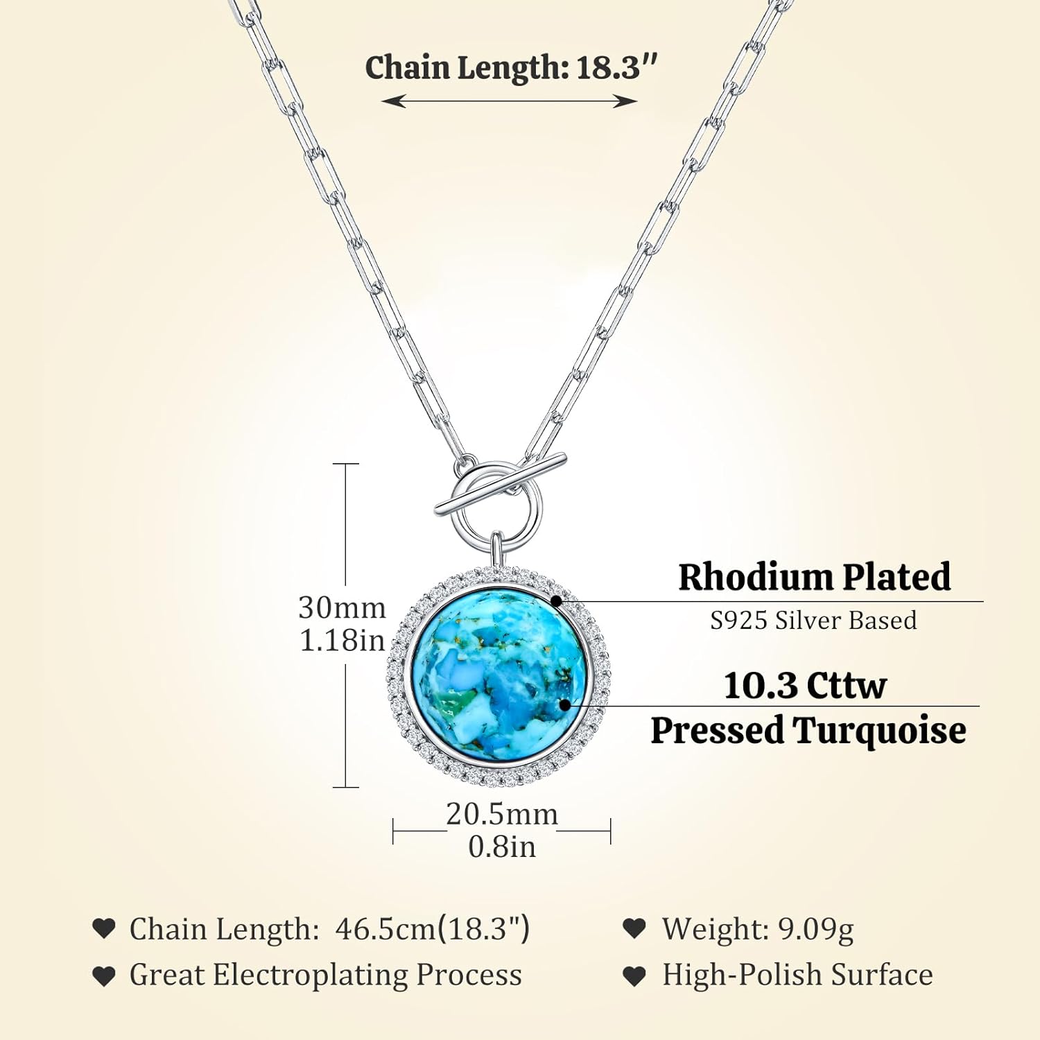 AIBAO 6-18 Cttw Genuine Turquoise/Red Coral/Lapis Lazuli/Malachite Halo Pendant for Women 925 Sterling Silver Paperclip Chain Necklace Western Jewelry