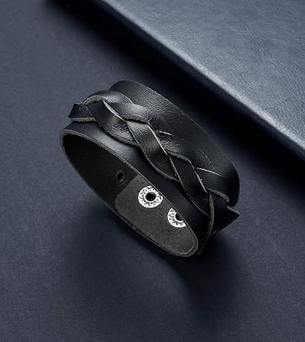 Miniatura 8 de Tornito Pulsera de cuero genuino trenzada para motociclista, estilo punk, con cinturón ancho, para mujeres, hombres, negro, marrón, tamaño ajustable