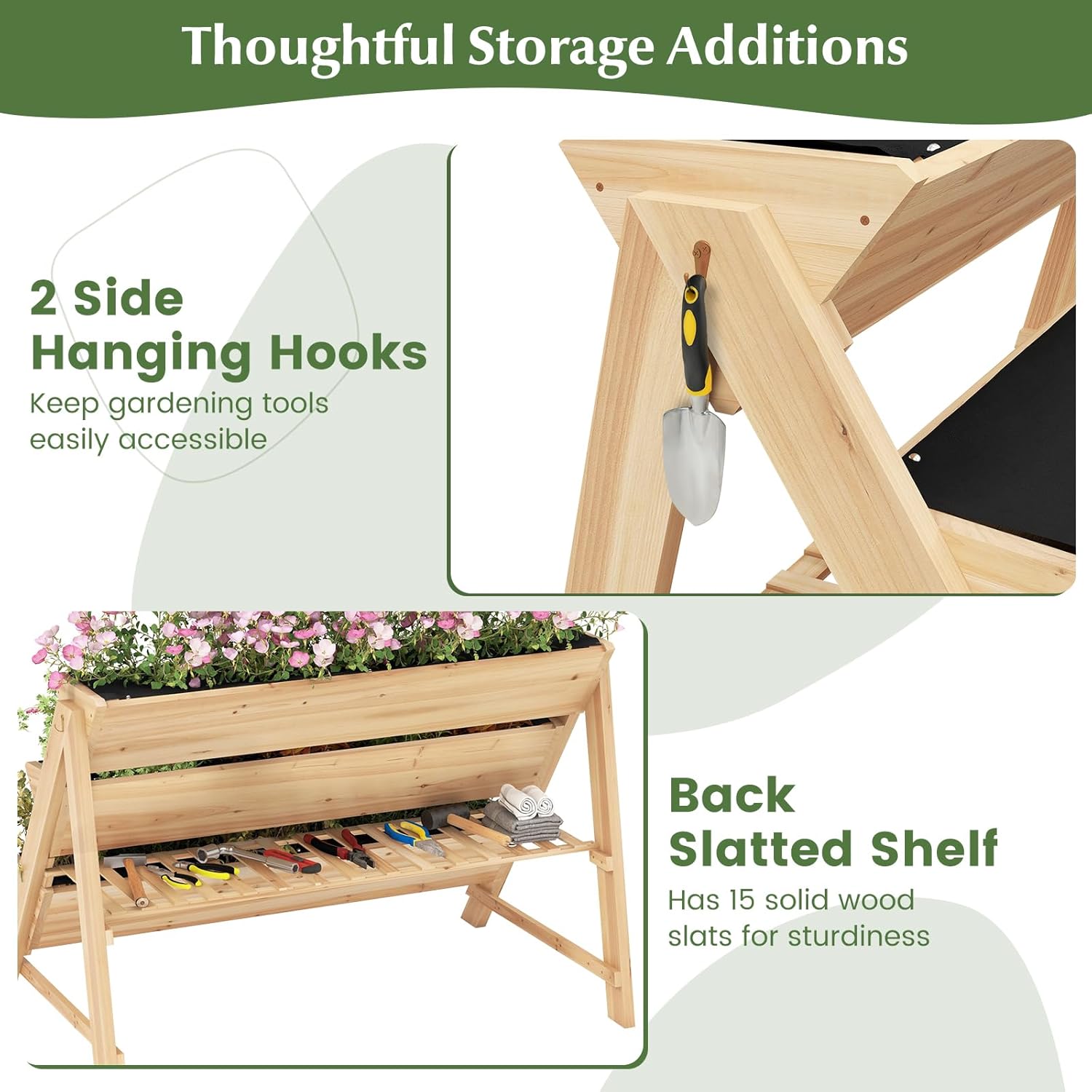 3-Tiers Raised Garden Bed, Wooden Garden Planter with 3 Planter Box & Storage Shelf, 2 Convenient Side Hooks, Outdoor Elevated Plant Box Stand with Leg for Flowers, Vegetables