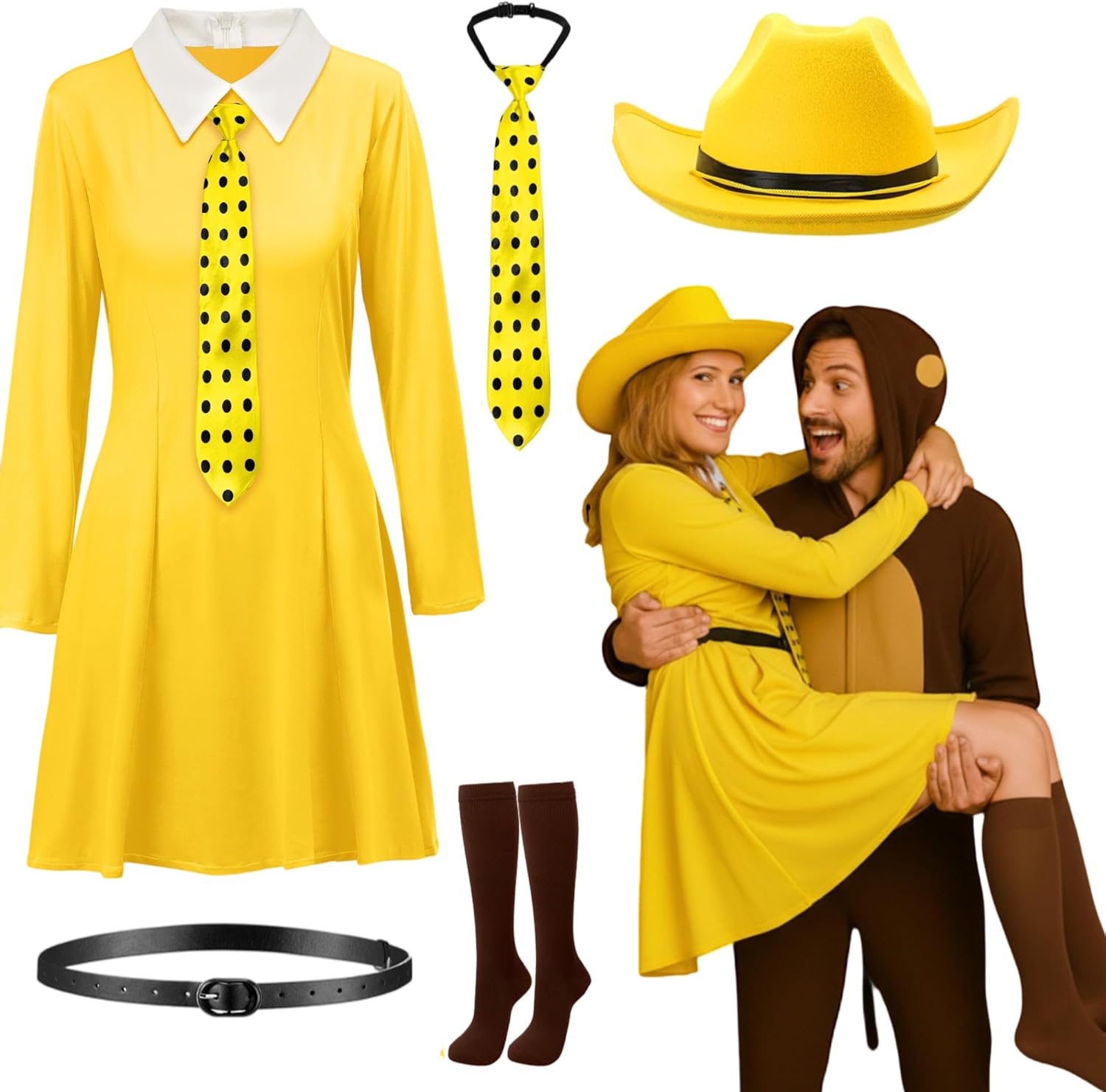 5 Pcs Adults Women Yellow Hat Costume Big Yellow Dress with Pointy Hat Polka Dot Tie for Halloween Cosplay