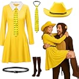 5 Pcs Adults Women Yellow Hat Costume Big Yellow Dress with Pointy Hat Polka Dot Tie for Halloween Cosplay