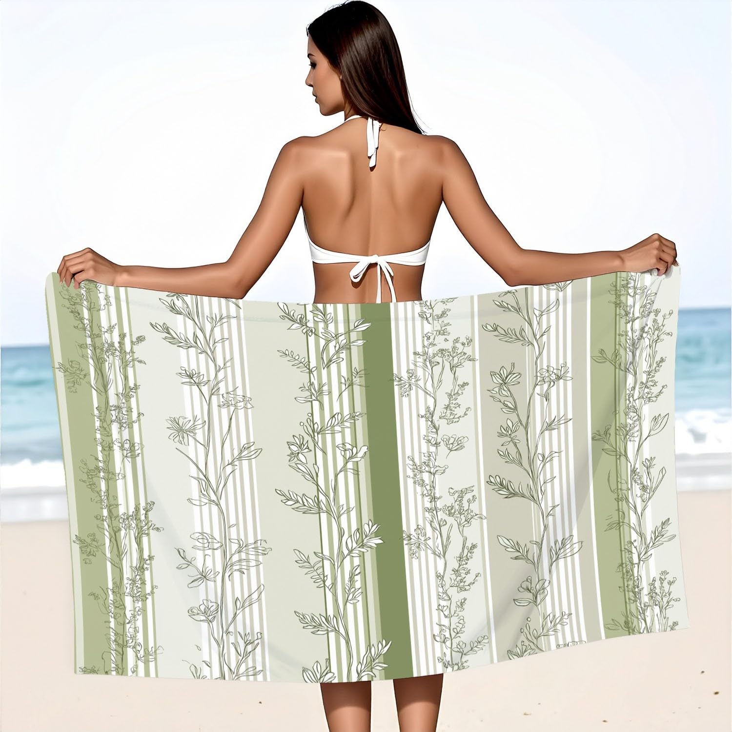 Générique Drap de Plage Anti Sable Sechage Rapide 200 cm x 100 cm Moderne Naturel Serviette de Plage Microfibre Raffiné Frais Élégant Calme Rayures Plantes Absorbante Super Couverture de Plage