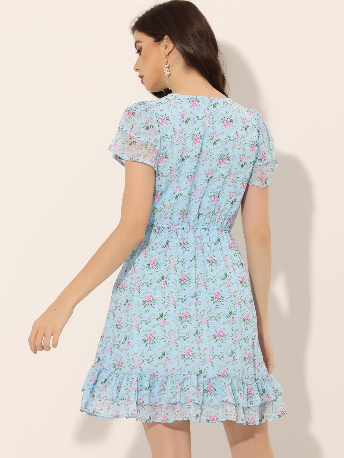 Allegra K Women's Ruffle Sleeve Self-Tie V Neck Flowy Ruffled A-Line Floral Chiffon Dress - Image 4