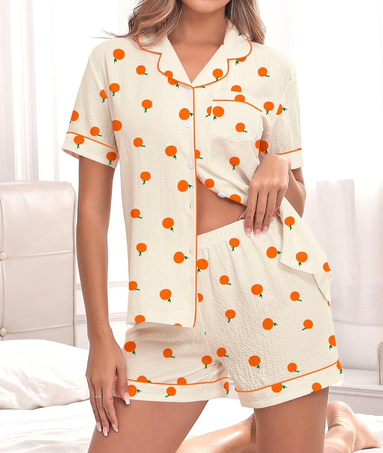 SWOMOG Women 2 Piece Pajamas Sets Short Sleeve Pj Sets Cute Printed Sleepwear Button Down Shirt with Lounge Shorts Set - Image 2