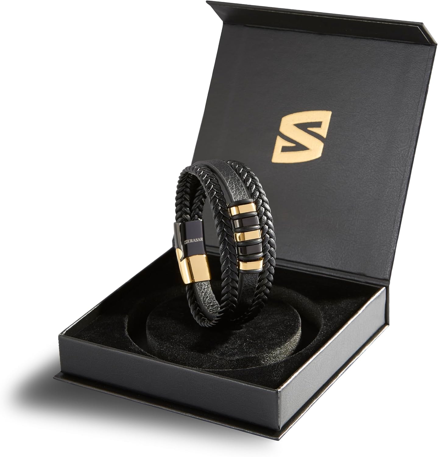 SERASAR | Premium Genuine Leather Bracelet [Glory] for Men in Black | Magnetic Stainless Steel Clasp in Silver and Gold | Exclusive Jewelry Box | Great Gift Idea - Image 2