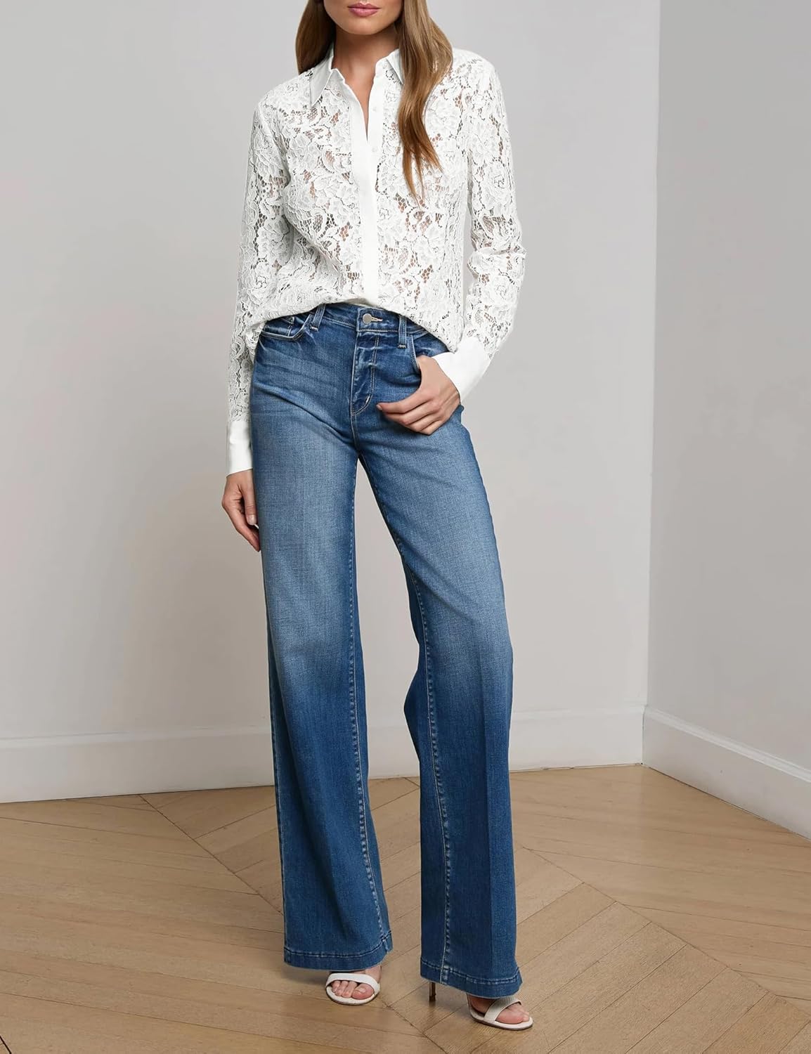 AIMCOO Lace Tops for Women Sheer Long Sleeve Blouses Dressy Casual Button Down Shirts Boho Floral Tops - Image 5