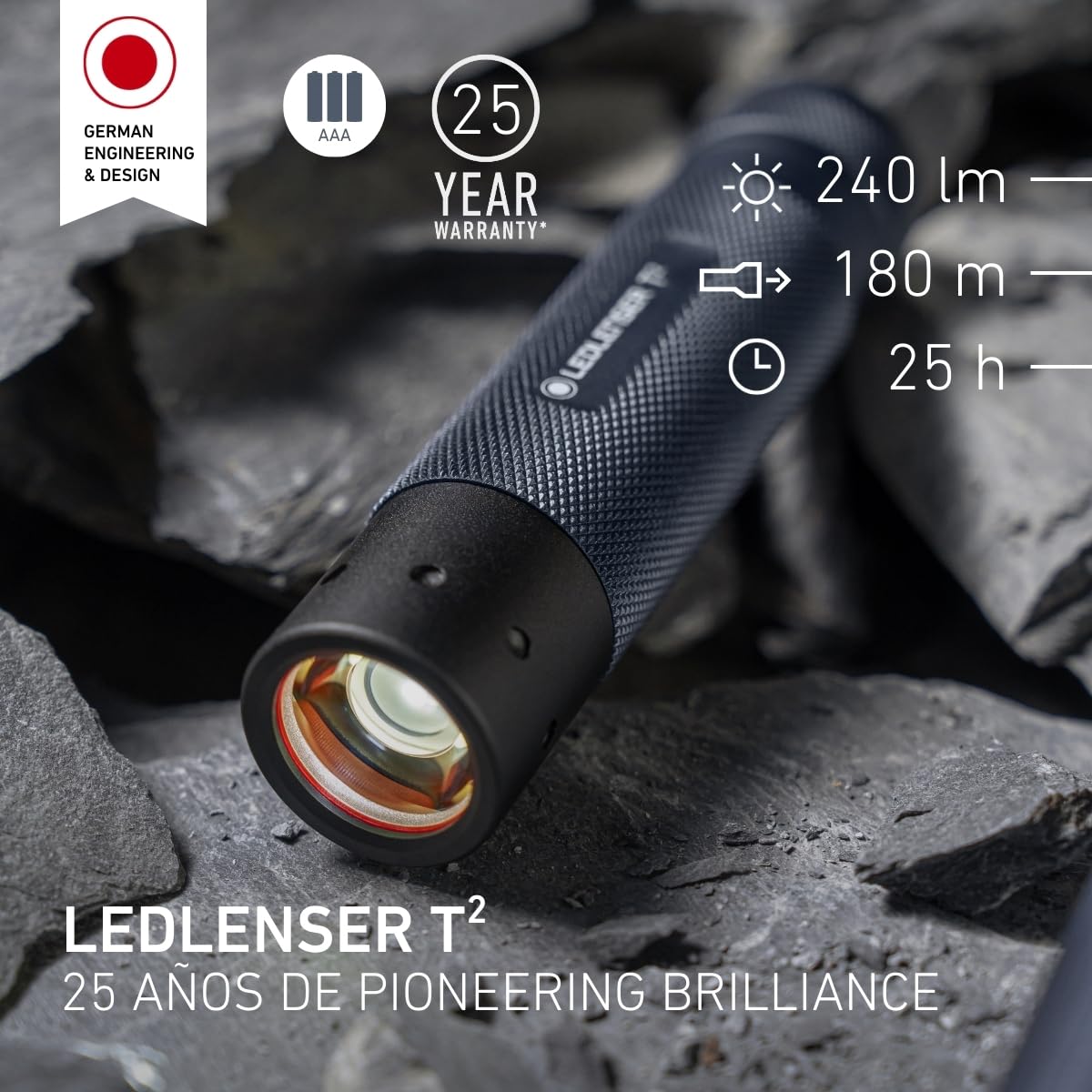 Ledlenser T2 Linterna LED, 240lm, Edición 25 Aniversario, Pila AAA, 98g | Alcance 180 m, manejo sencillo, 25h de autonomía, resiste al agua, ideal para acampadas, trabajo y emergencias