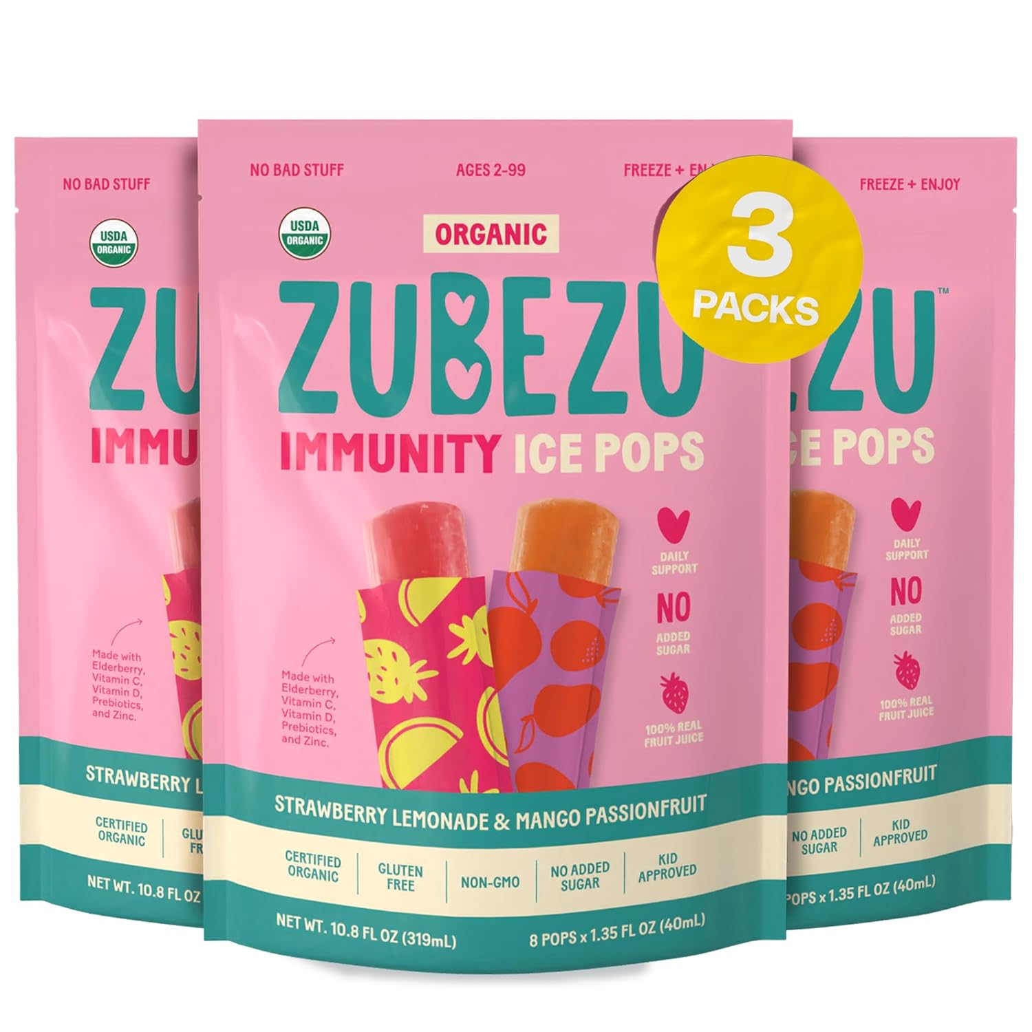 ZuBeZu Organic Immunity Ice Pops – Natural Support for Children’s Immune System with Elderberry, Vitamin C & D, and Zinc – No Added Sugar and 100% Fruit Juice (Pack of 3)