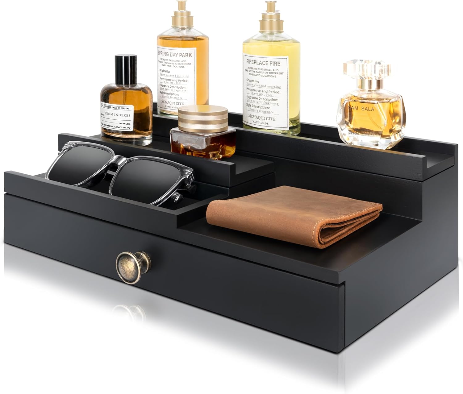 EOSAHR Modern Wooden Cologne Organizer for Men - 3 Tier Cologne Stand with Storage Drawer and Hidden Compartment - Perfume Organizer for Dresser (Black)