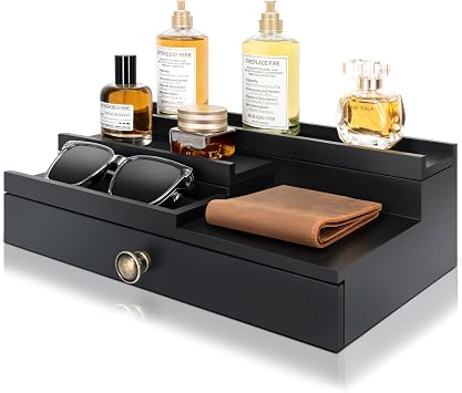 EOSAHR Modern Wooden Cologne Organizer for Men - 3 Tier Cologne Stand with Storage Drawer and Hidden Compartment - Perfume Organizer for Dresser Black