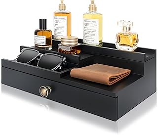 EOSAHR Modern Wooden Cologne Organizer for Men - 3 Tier Cologne Stand with Storage Drawer and Hidden Compartment - Perfume Organizer for Dresser (Black)