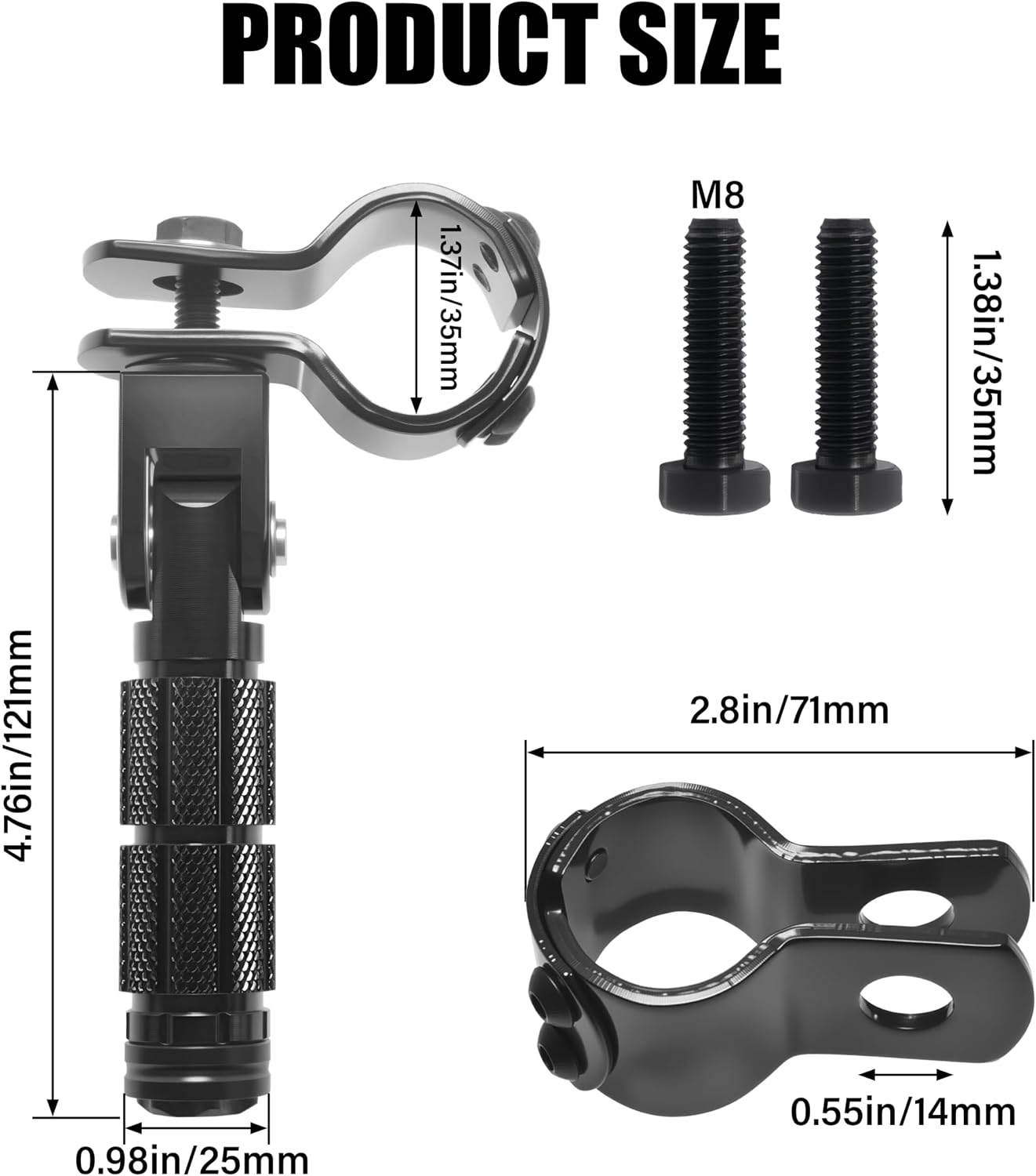 M8 Motorcycle Foot Pegs Folding Rearsets-90 Degree Foldable Footrest Fit 0.86-1.37in Brackets, Anti-Skid CNC Footpegs with Rubber Gasket for Pit Bike Dirt Bike Adventure Touring Bikes (Black)