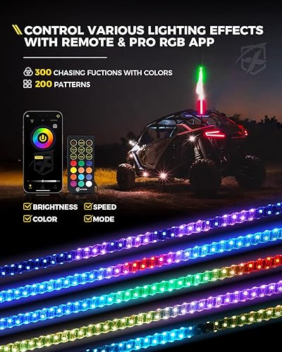 Miniatura 9 de Xprite 2 luces LED en espiral RGBW de 3 pies con base de resorte, aplicación y control remoto, luces de freno de marcha atrás, antena de