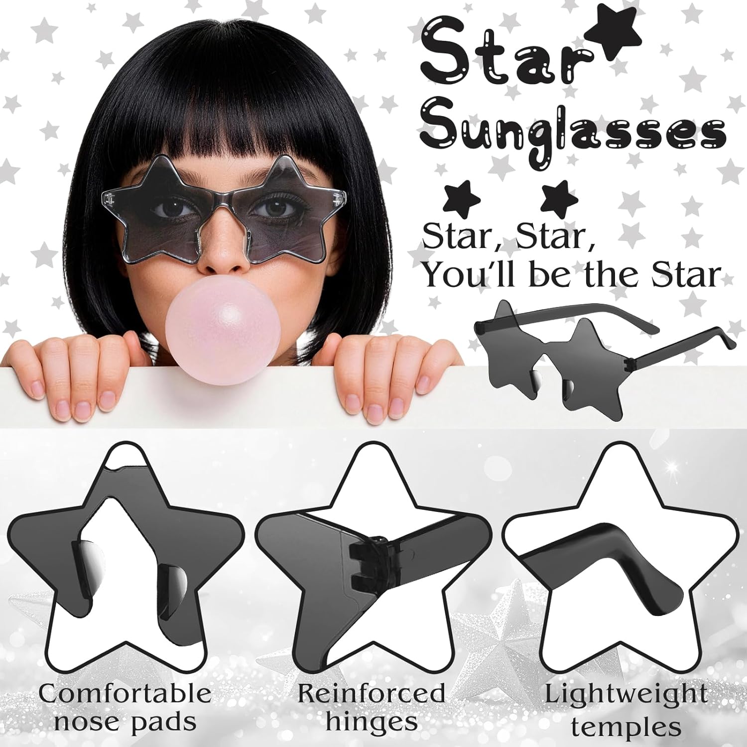 Black Bob Wig with Bangs Star Sunglasses for Women, Girls Funny Natural Bob Wigs Party Replacement Hair for Wedding Dating Birthday Shopping Sisters Gathering Christmas Halloween Costume - Image 4