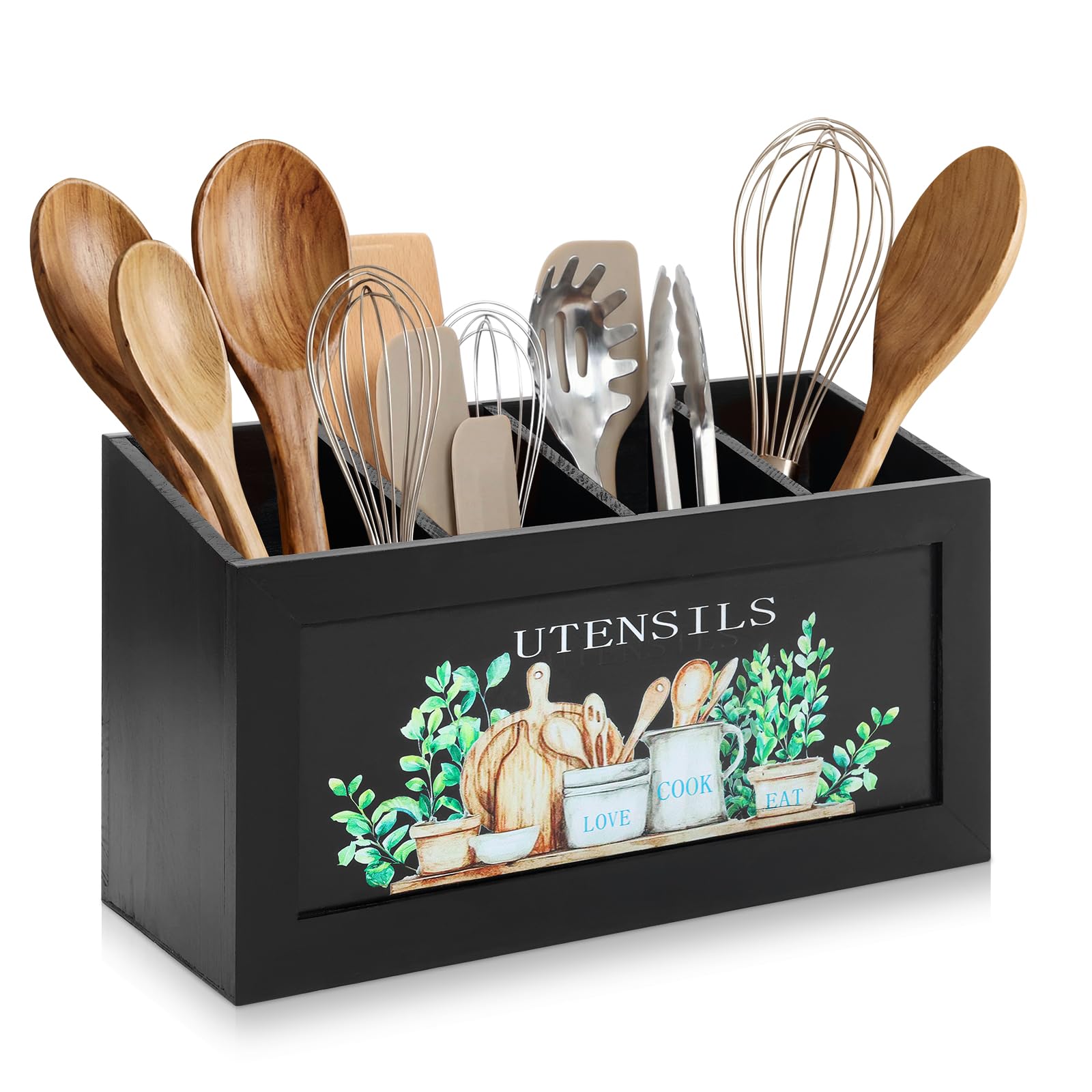 Guijzsltrg Black Kitchen Utensils Holder Wood Cooking Utensil Organizer With 4 Compartments Multifunctional Vintage Cooking Tools Storage Cutlery Caddy For Home Kitchen Countertop Farmhouse Decor(Black)