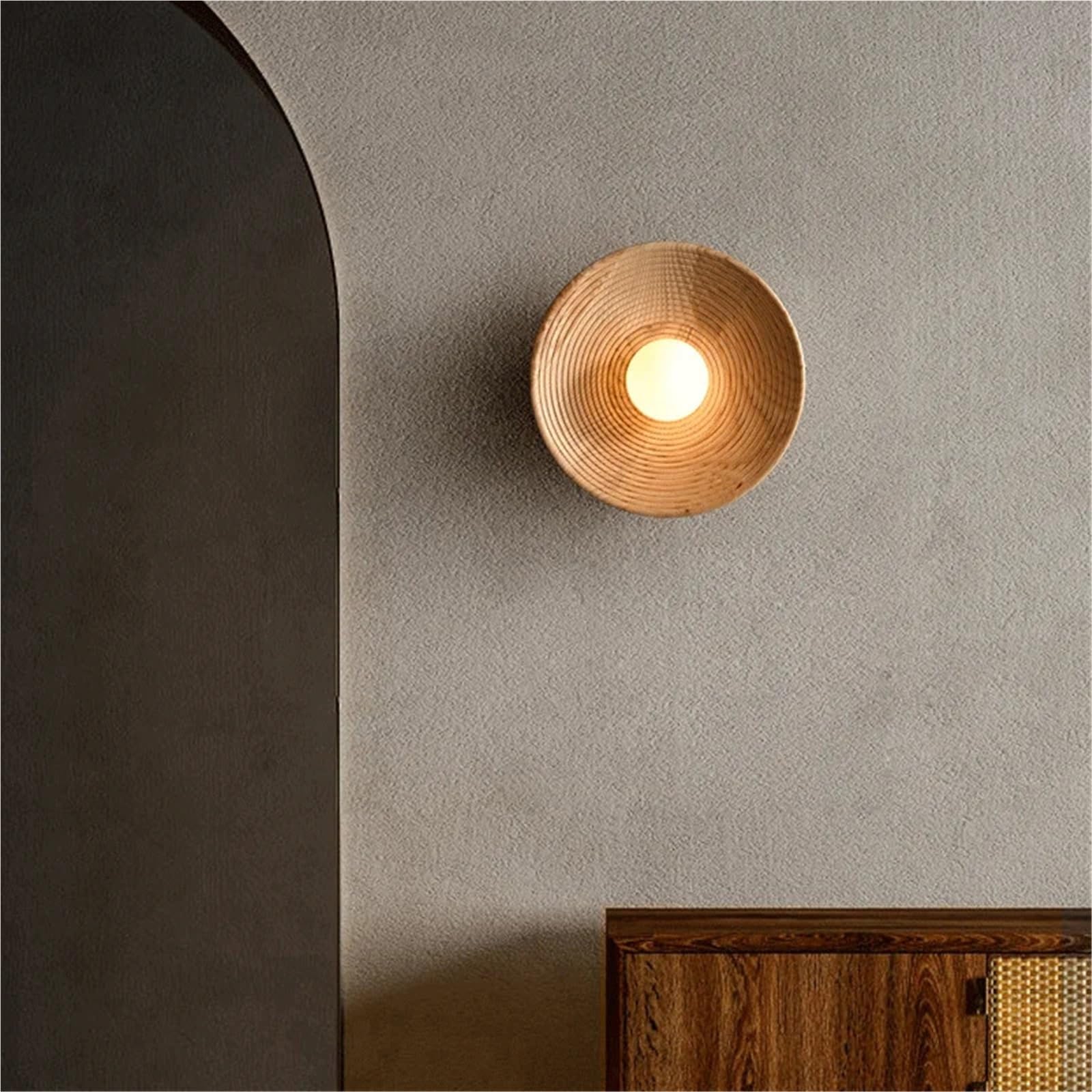 Lampa ścienna w stylu retro, okrągła, drewniana, do salonu, nordyckiego domu, dekoracja schodów, korytarza, domu, dekoracja ścienna (ciepła biel (2700-3500 K), kolor dziennika