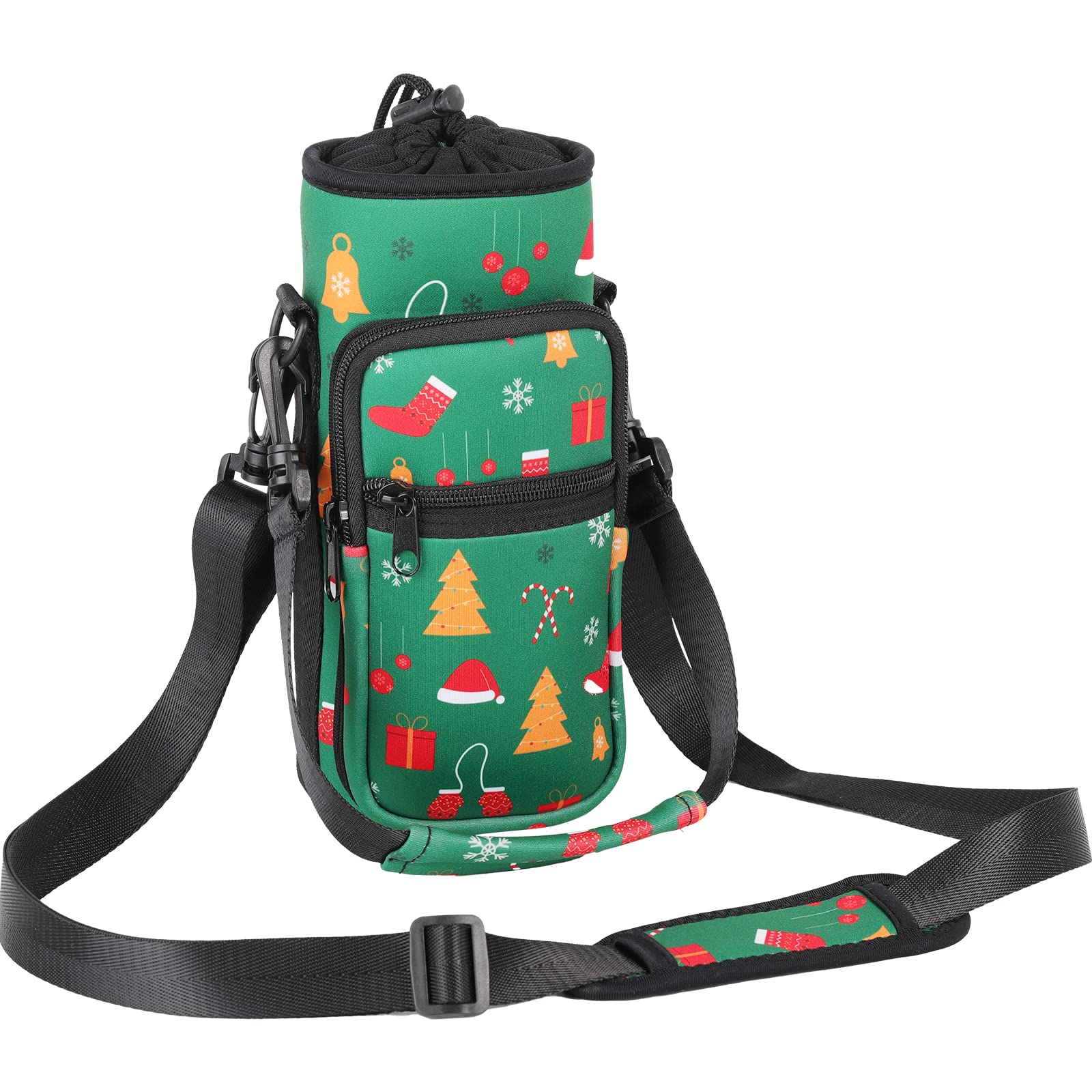 Nuovoware Water Bottle Carrier Bag, Bottle Pouch Holder, Adjustable Shoulder Hand Strap 2 Pocket Sling Neoprene Sleeve Sports Water Bottle Accessories for Hiking Travelling Camping, Christmas Green