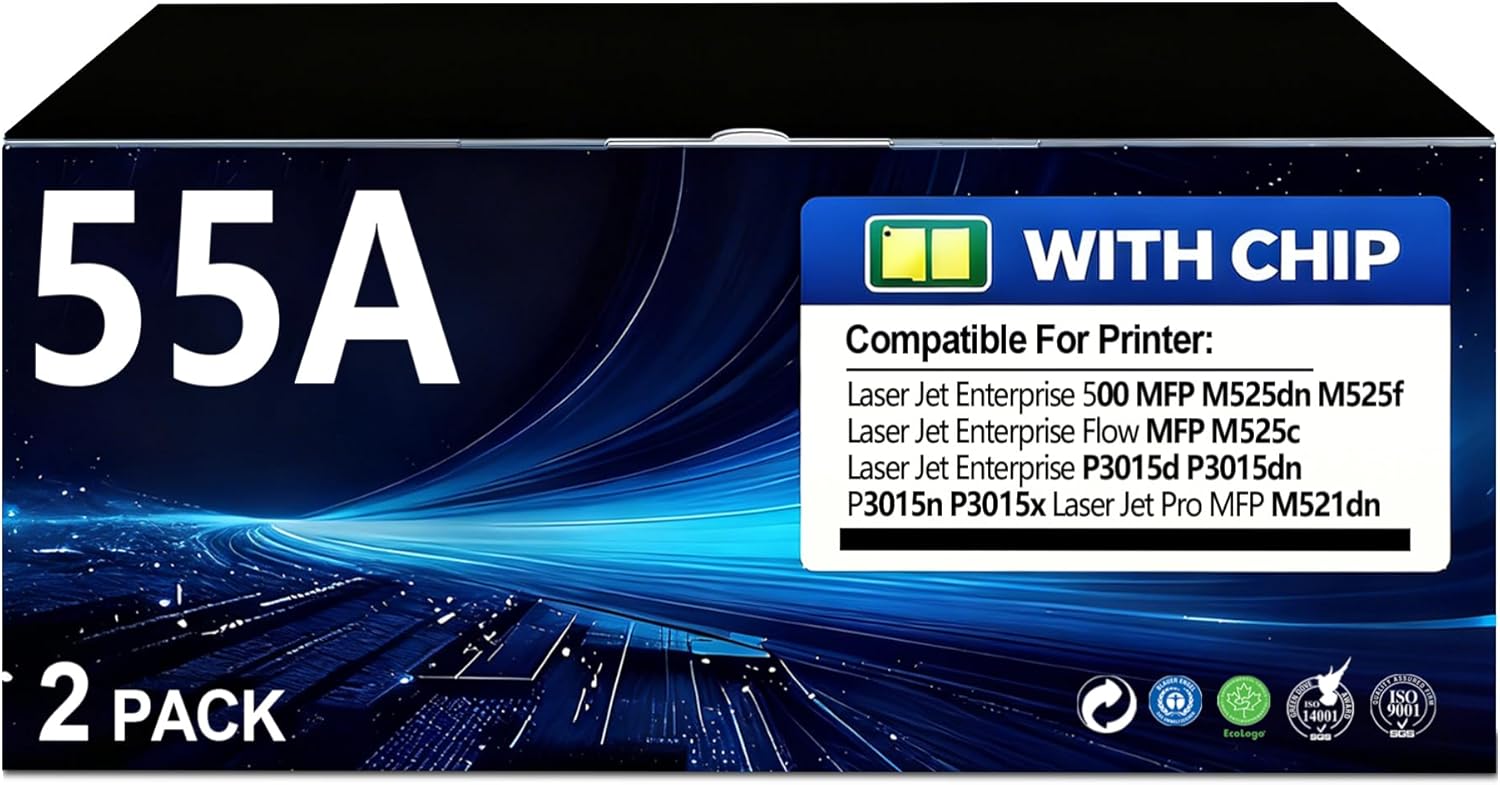 55A Toner Cartridges Replacement for HP 55A CE255A 55X CE255X P3015 P3015dn P3015x Pro 500 MFP M521dn M521dw M521 M525 Printer Ink (Black, 2-Pack)