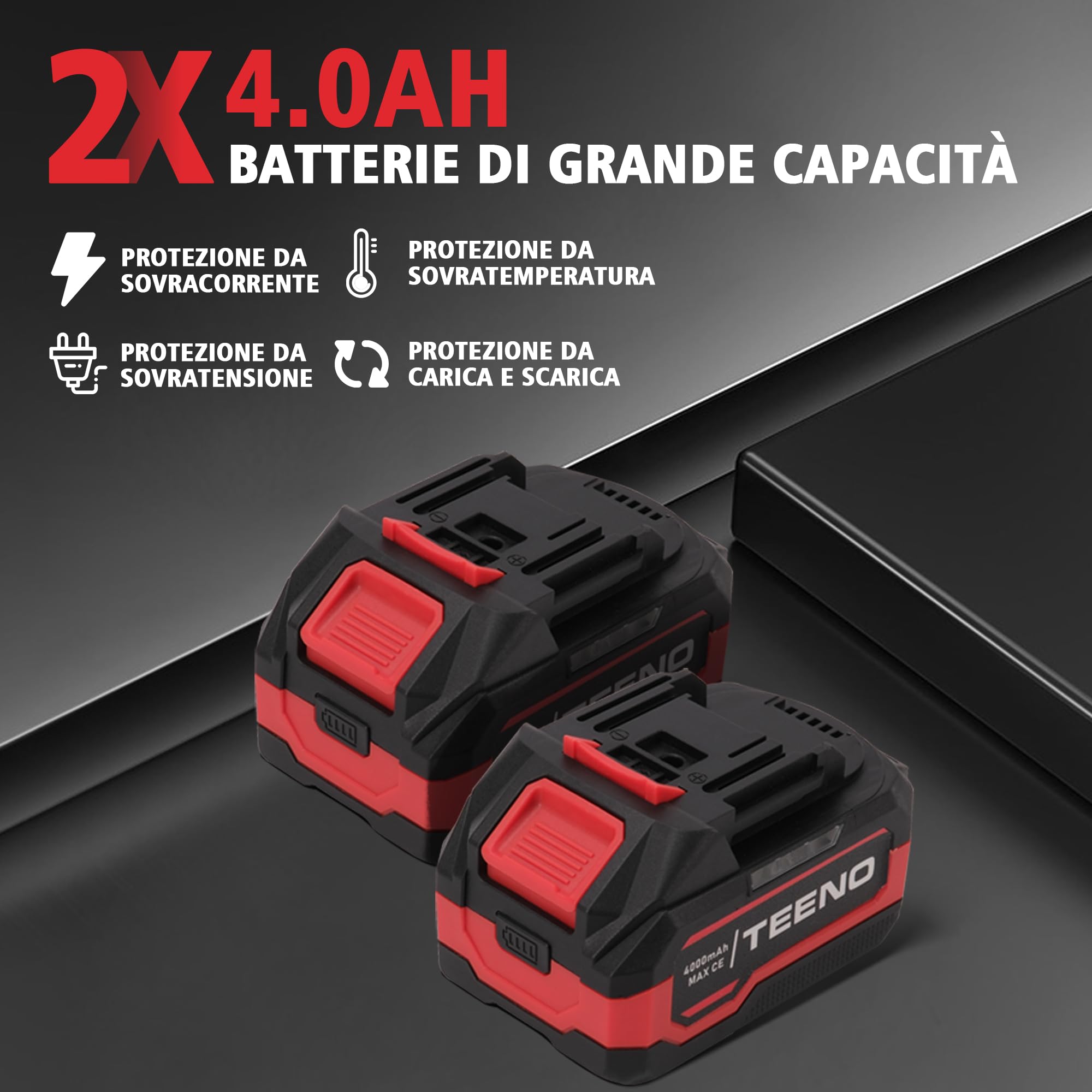 TEENO Smerigliatrice a Batteria 9100 RPM丨21V丨1000W Motore Brushless | 1000W丨dotata di 2 batterie da 4.0Ah丨velocità di rotazione 9100tr/min丨con valigetta porta attrezzi inclusa